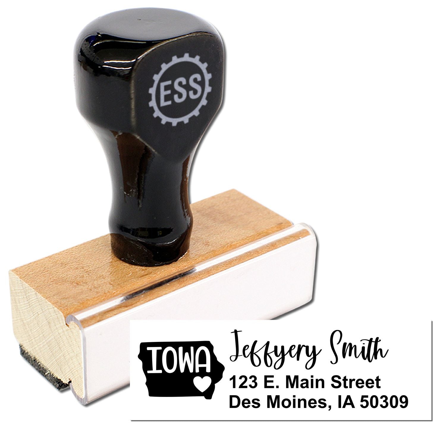 Iowa State Love Personalized Address Stamp with a wooden handle and black top, featuring a sample address: Jeffery Smith, 123 E. Main Street, Des Moines, IA 50309, with a heart and Iowa state outline.