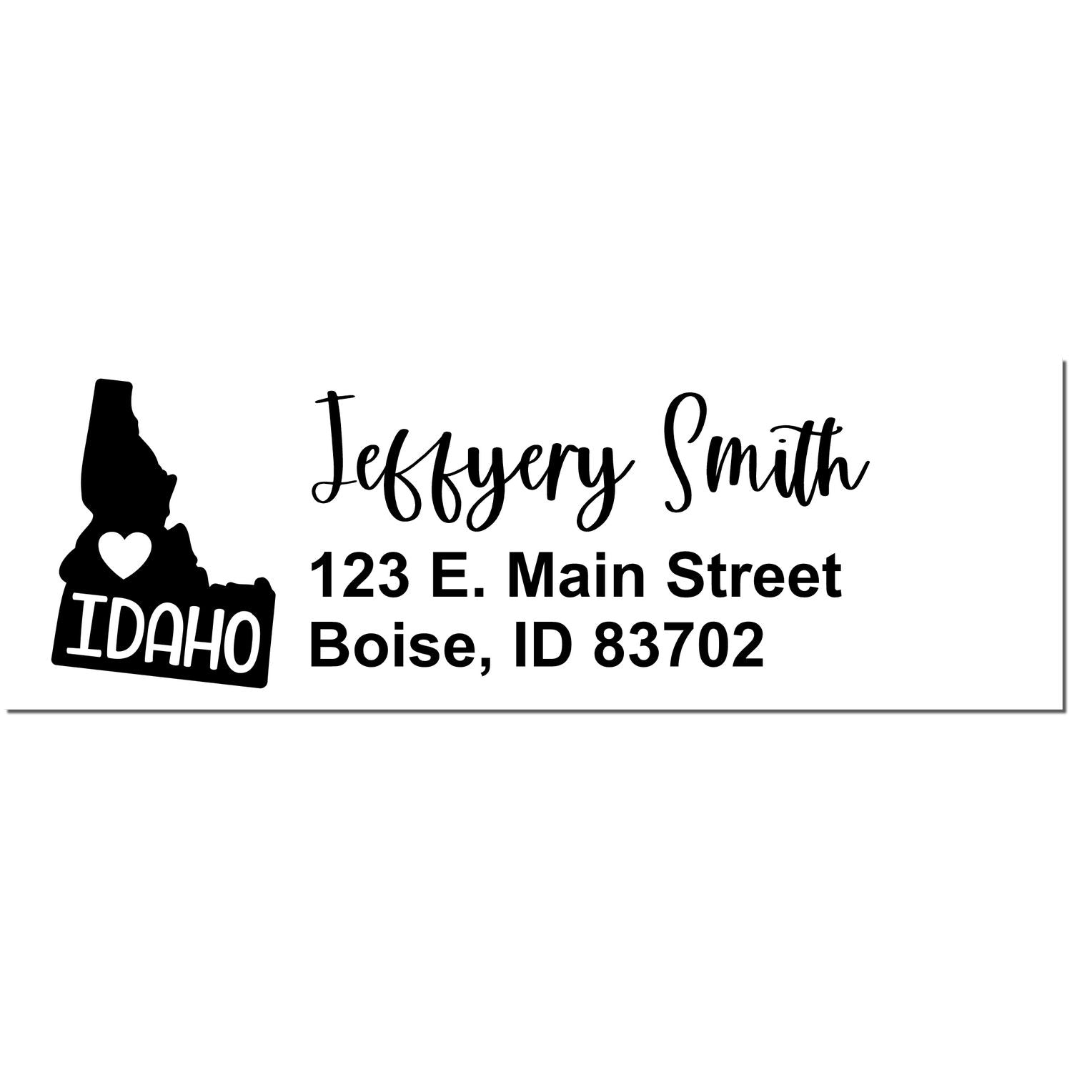 Idaho State Love Personalized Address Stamp featuring a heart within Idaho's outline, with custom name and address in elegant font. Perfect for adding a personal touch to mail.