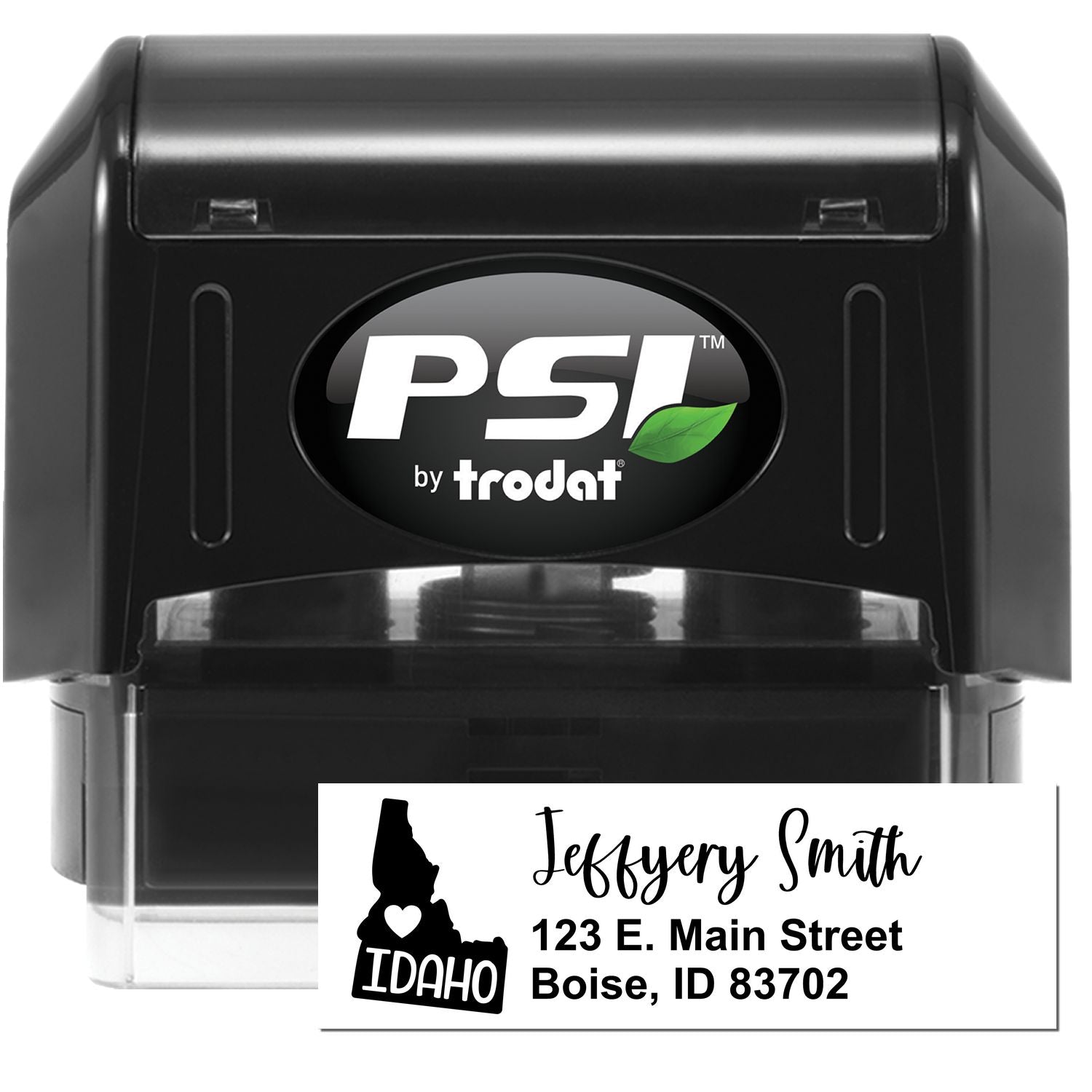 PSI Pre-Inked Idaho State Love Customized Address Stamp featuring a black casing with a sample address label showing a heart and Idaho state outline. Perfect for personalized mailings.