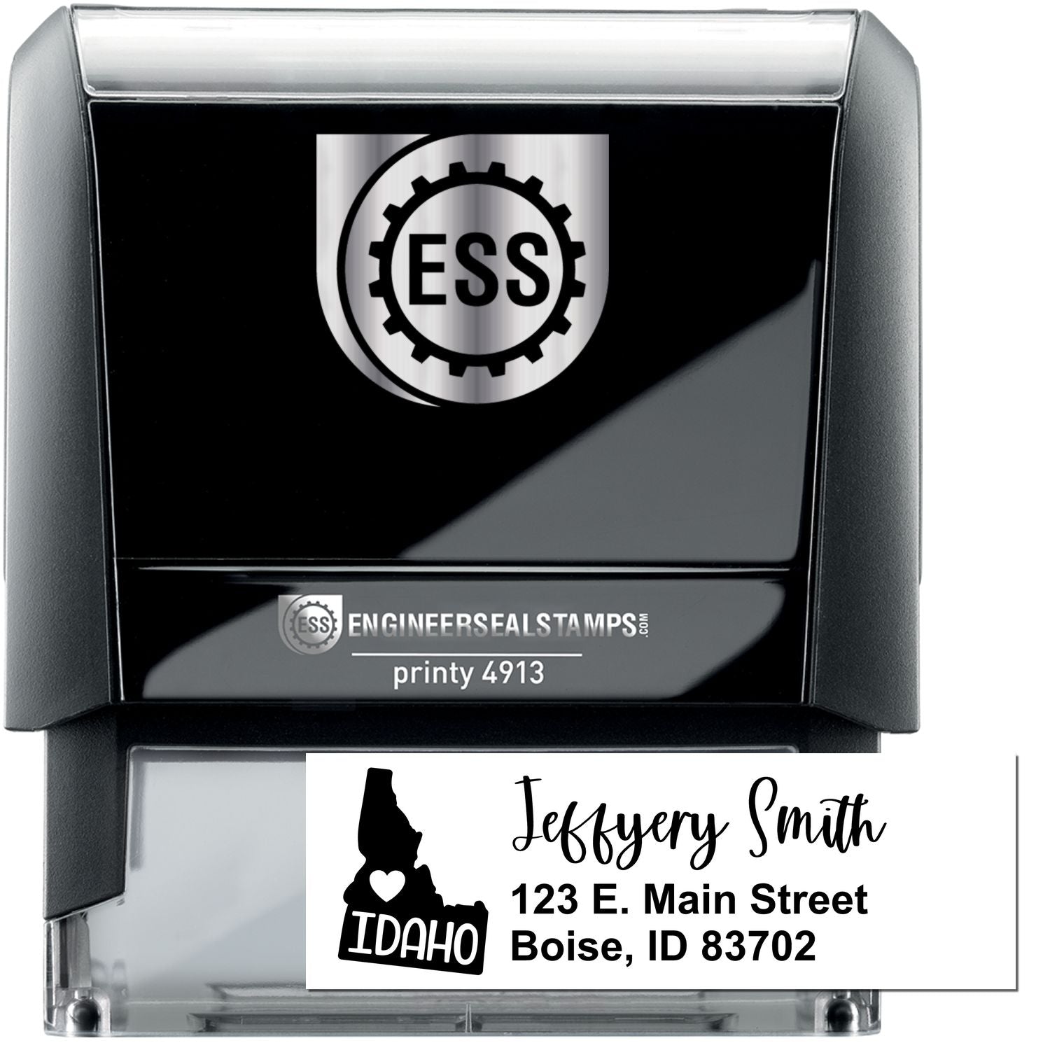 State Love of Idaho Custom Address Stamp Self-Inking, featuring a black casing with ESS logo, and a sample address: Jeffery Smith, 123 E. Main Street, Boise, ID 83702, with Idaho state outline.