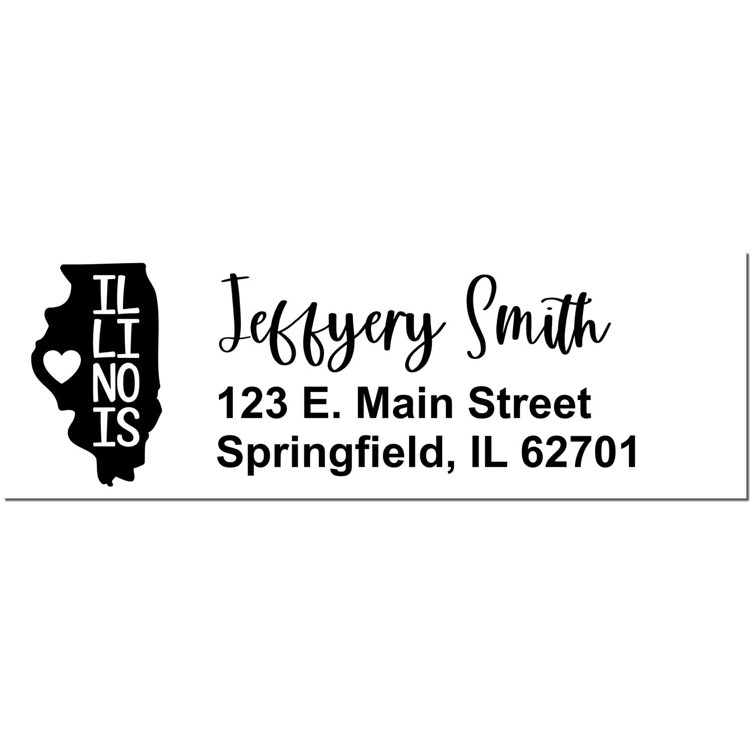 State Love of Illinois Custom Address Stamp Self-Inking features a black outline of Illinois with a heart, personalized with Jeffery Smith, 123 E. Main Street, Springfield, IL 62701 in elegant font.