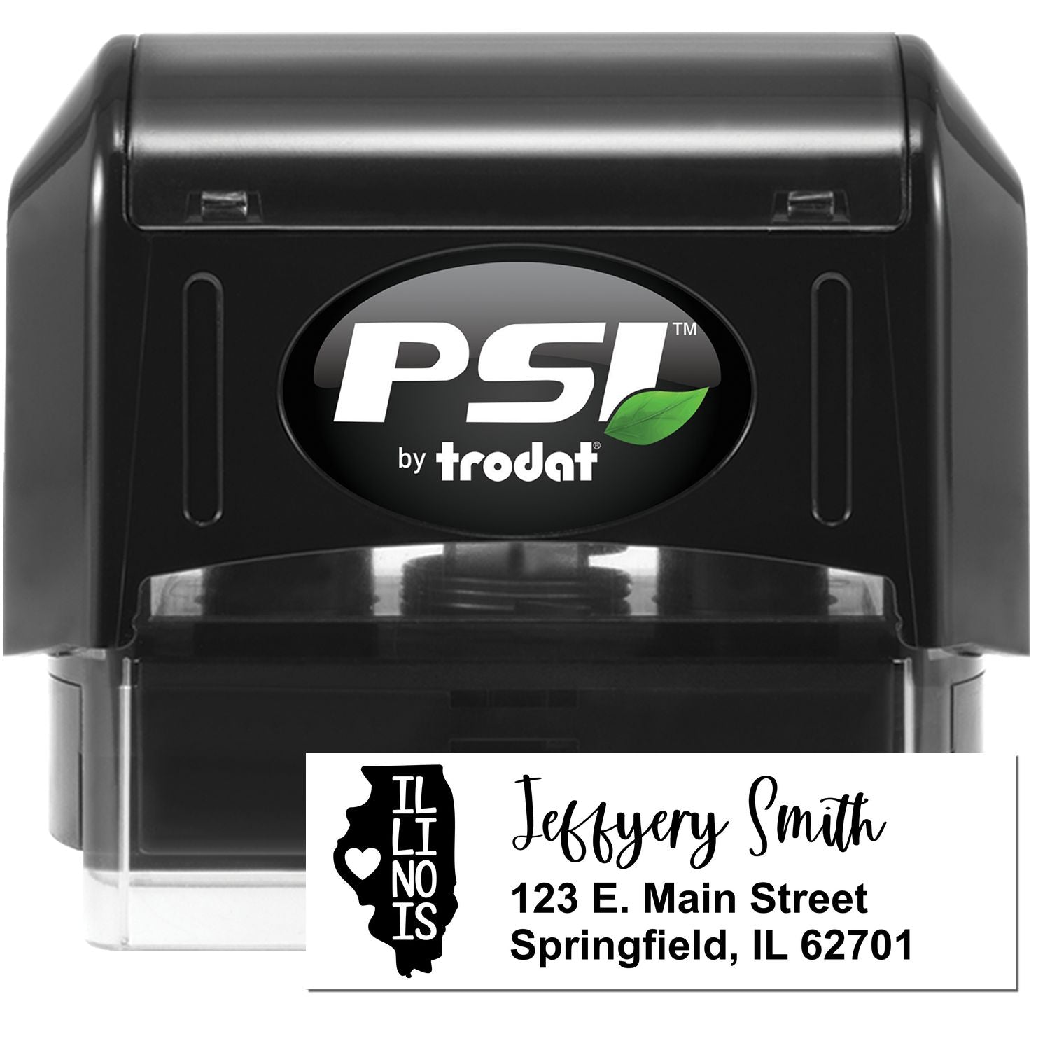 PSI Pre-Inked Illinois State Love Customized Address Stamp featuring a black casing with PSI by Trodat logo, and a sample address with Illinois state outline, perfect for personalized stamping needs.