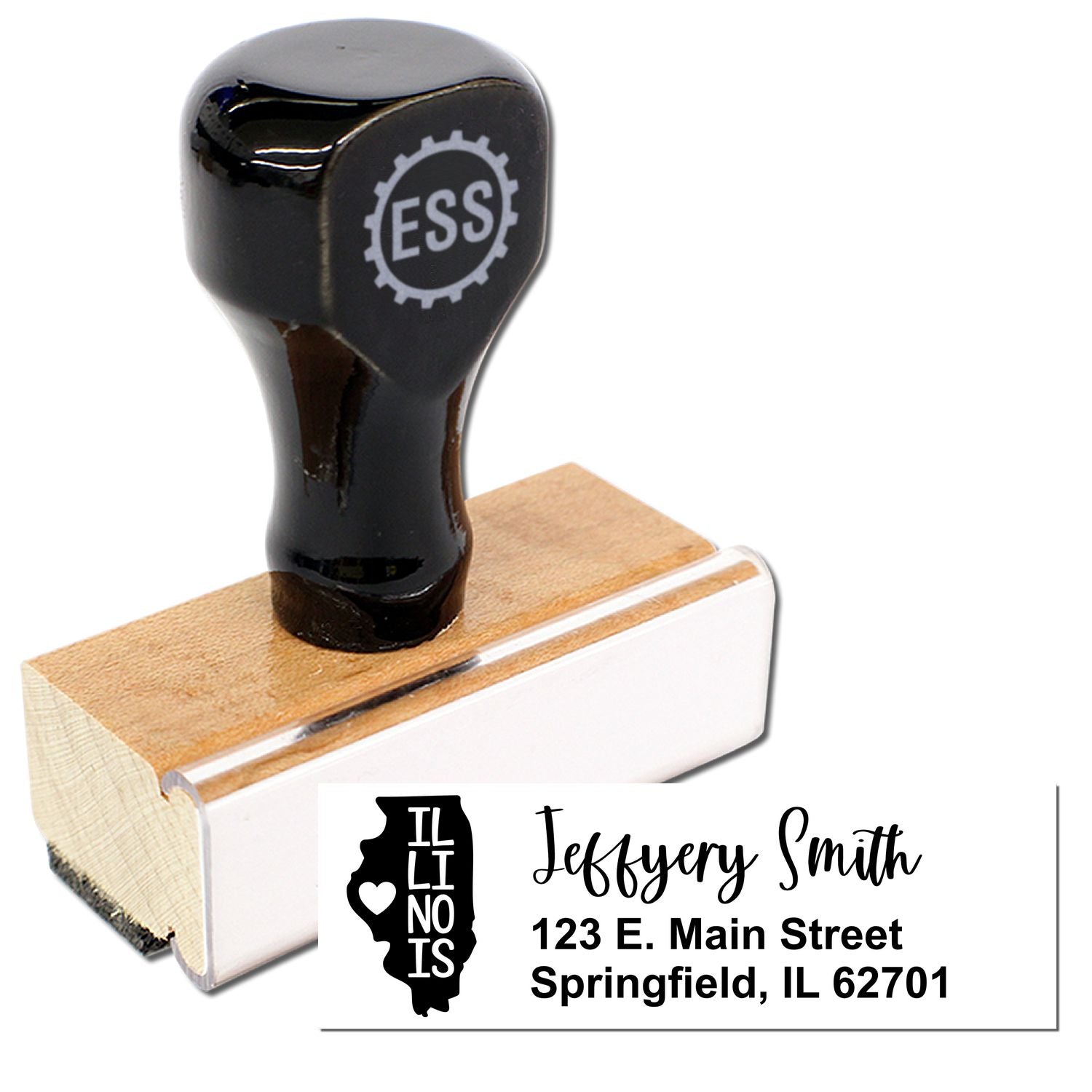 Illinois State Love Personalized Address Stamp with a wooden handle and black top, featuring a custom address design for Jeffery Smith, 123 E. Main Street, Springfield, IL 62701.