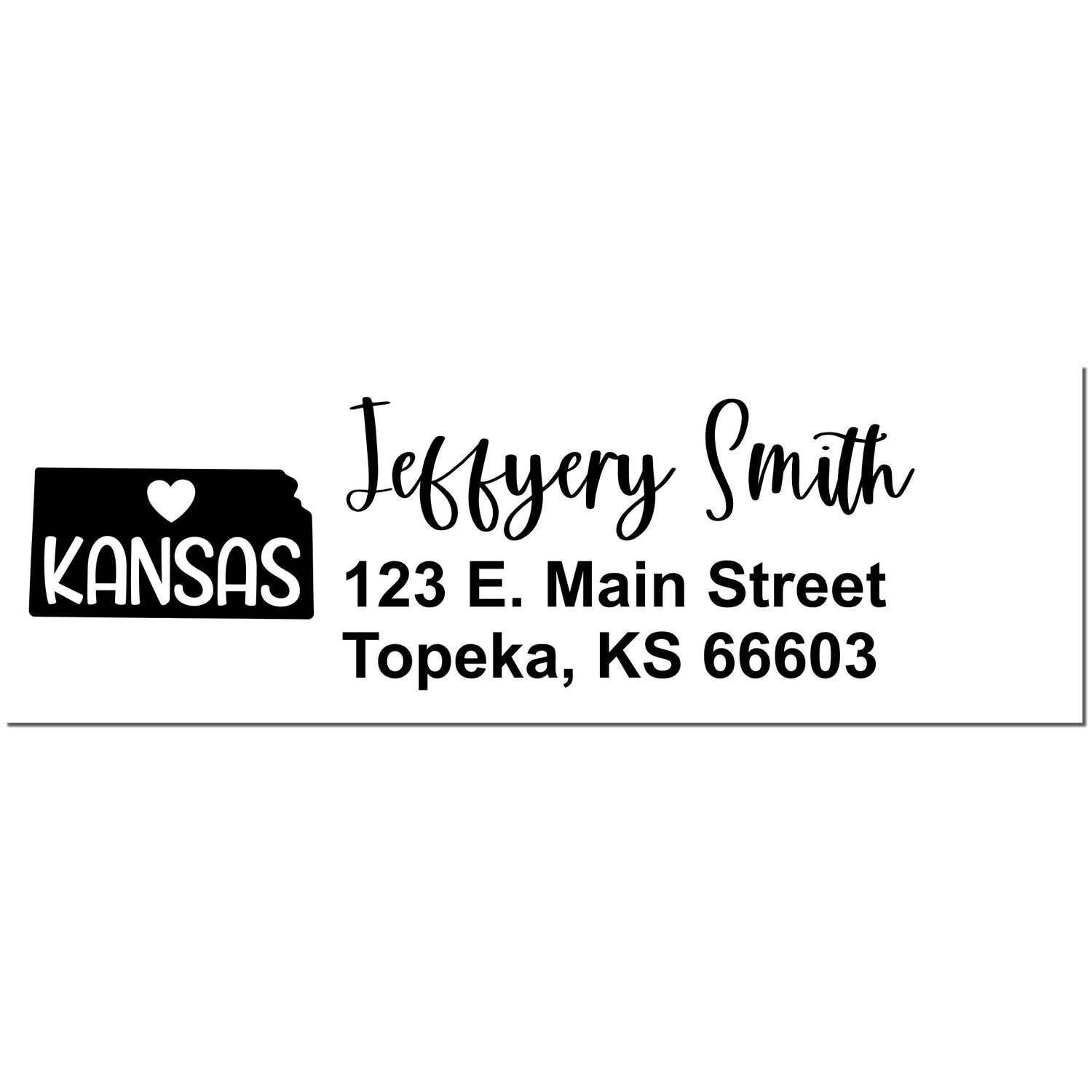 State Love of Kansas Custom Address Stamp Self-Inking, featuring a heart and Kansas design, personalized with Jeffery Smith, 123 E. Main Street, Topeka, KS 66603 in black ink.