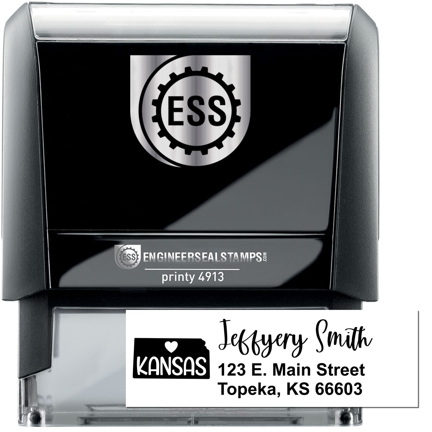 State Love of Kansas Custom Address Stamp Self-Inking, featuring a black casing with ESS logo, and a sample address: Jeffery Smith, 123 E. Main Street, Topeka, KS 66603.