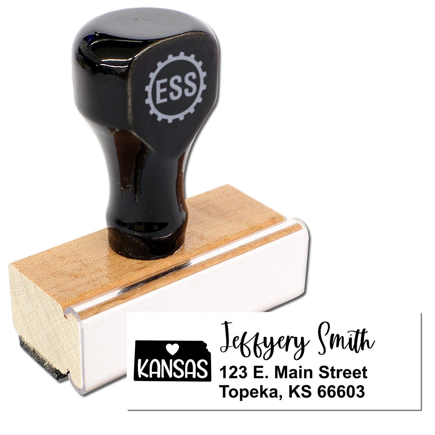 Image of a Kansas State Love Personalized Address Stamp with a wooden handle and black top, featuring a sample address: Jeffery Smith, 123 E. Main Street, Topeka, KS 66603, with a Kansas state silhouette.