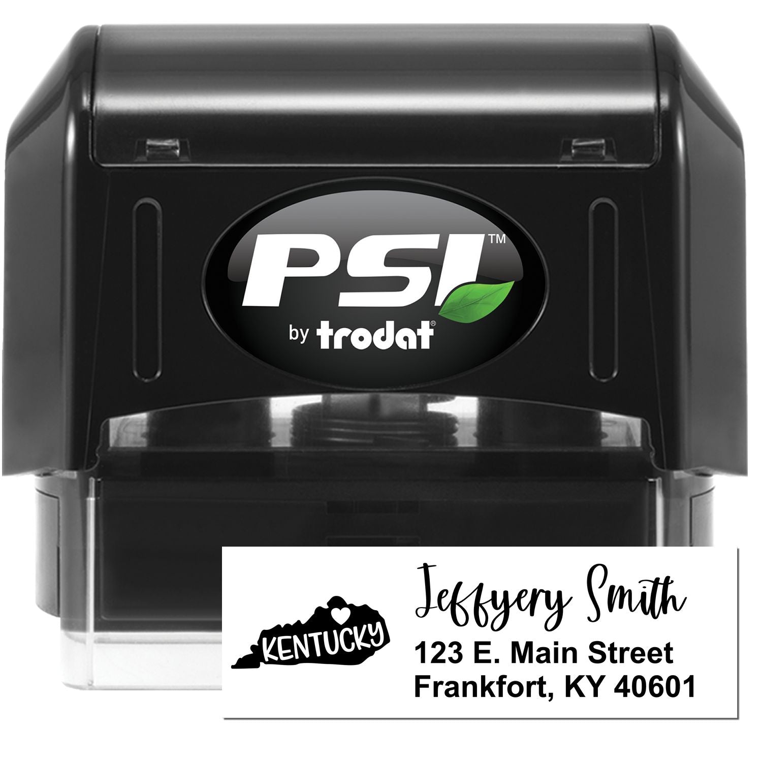 PSI Pre-Inked Kentucky State Love Customized Address Stamp, featuring a black casing and a sample address with a Kentucky state outline and heart design. Perfect for personalized mailings.