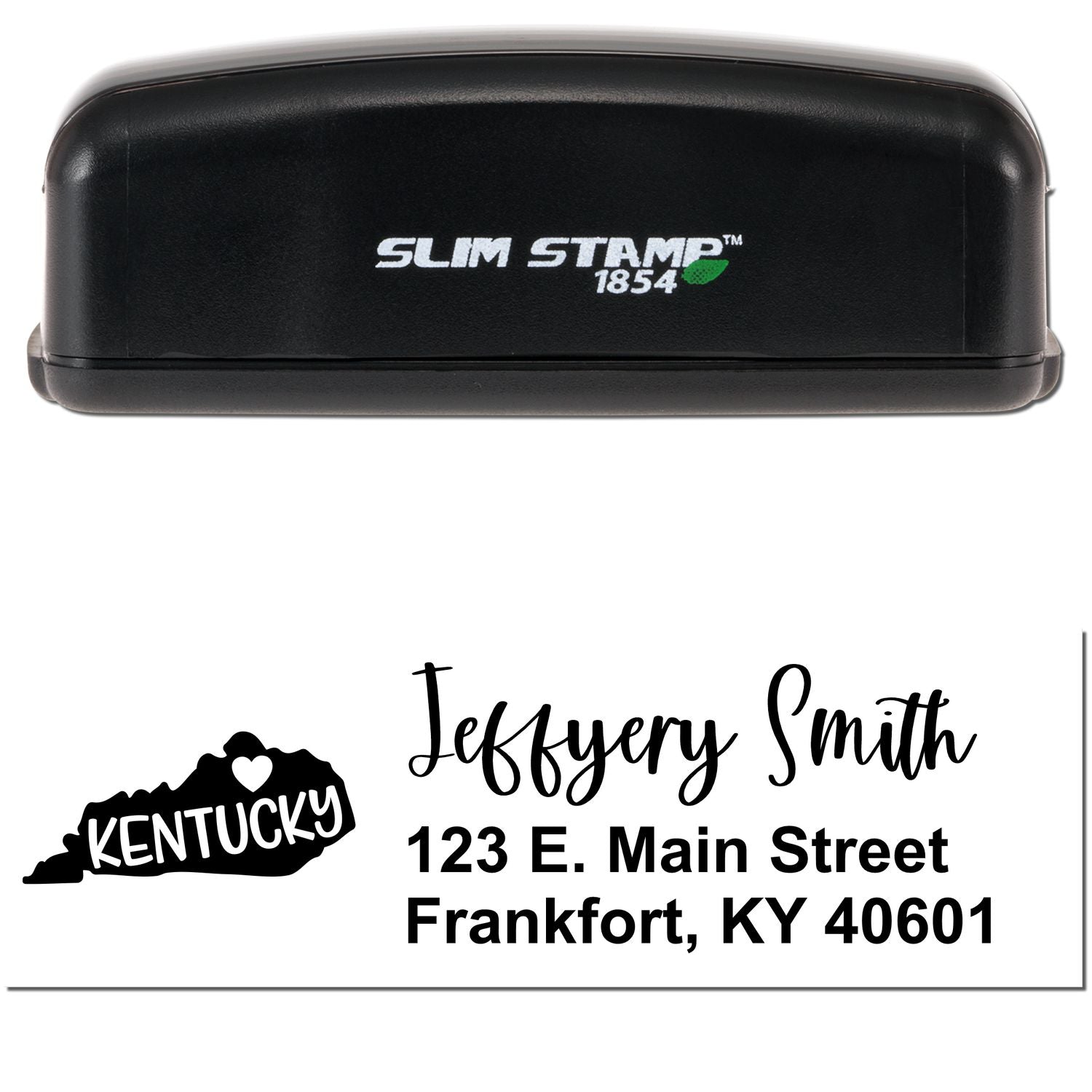 Slim Kentucky Custom Address Stamp for Envelopes, featuring a black casing with Slim Stamp 1854 text. Below, a sample address with a heart over Kentucky state outline is displayed.