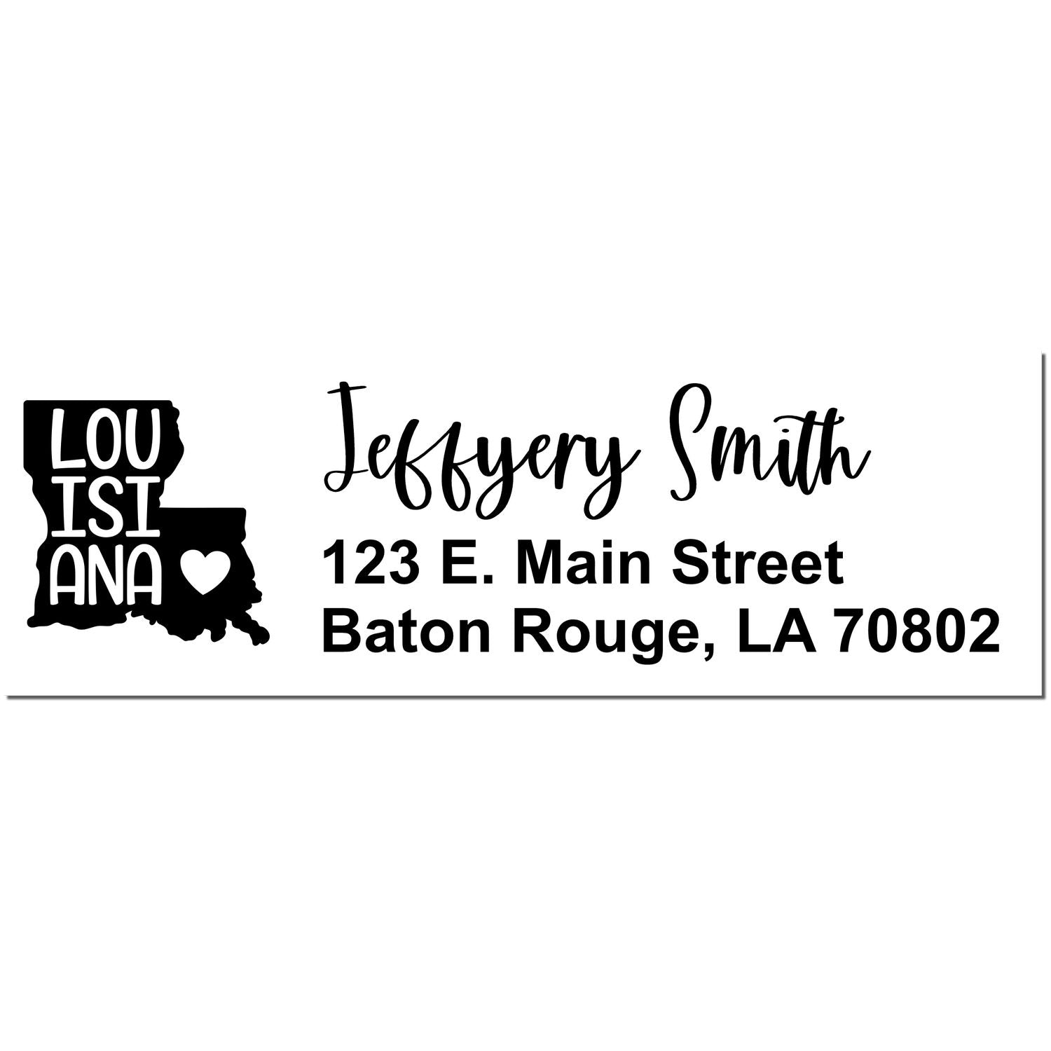 Louisiana State Love Personalized Address Stamp featuring a heart within the state outline, with custom name and address in elegant script. Perfect for adding a personal touch to mail.