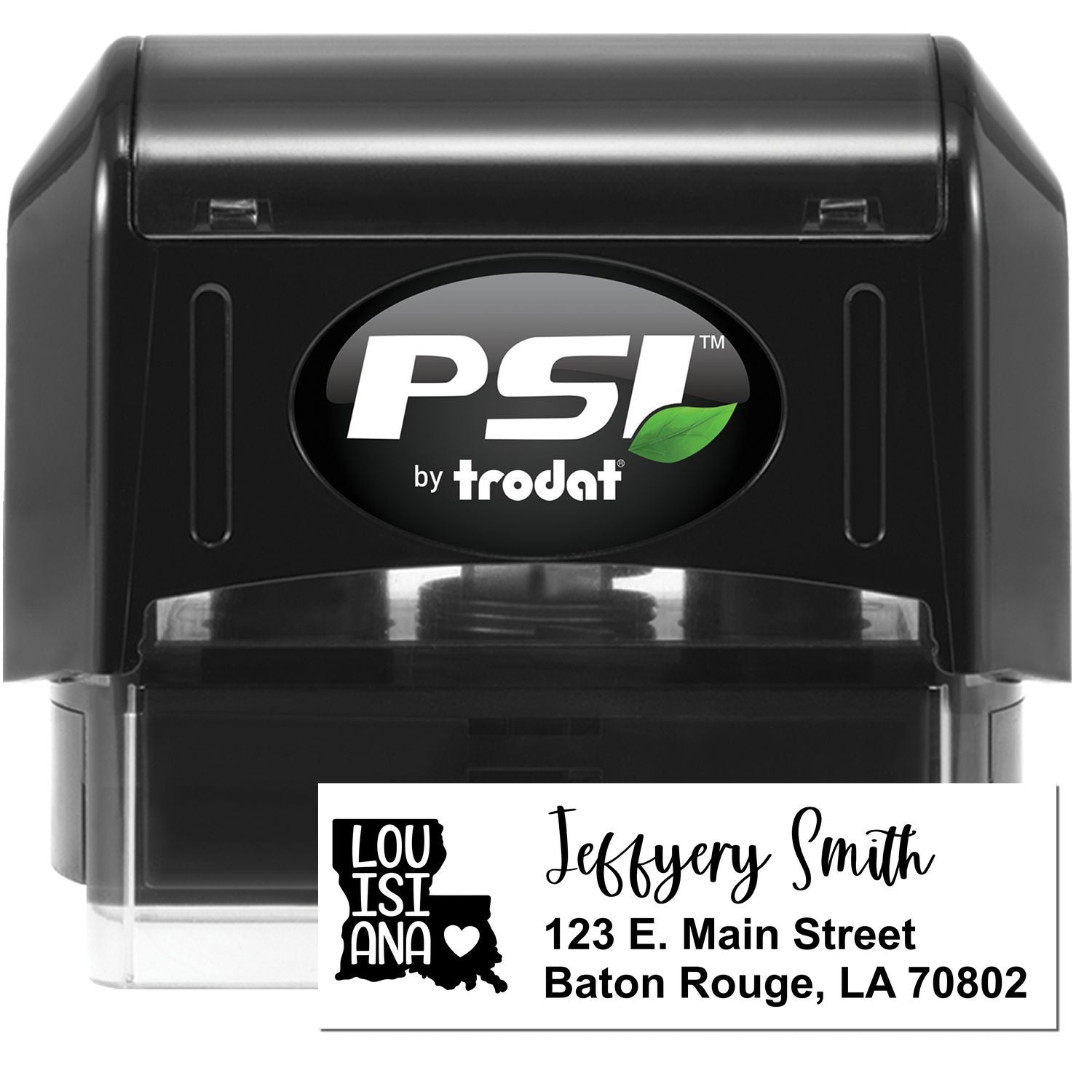 PSI Pre-Inked Louisiana State Love Customized Address Stamp, featuring a black casing and a sample address with a Louisiana state outline and heart design.