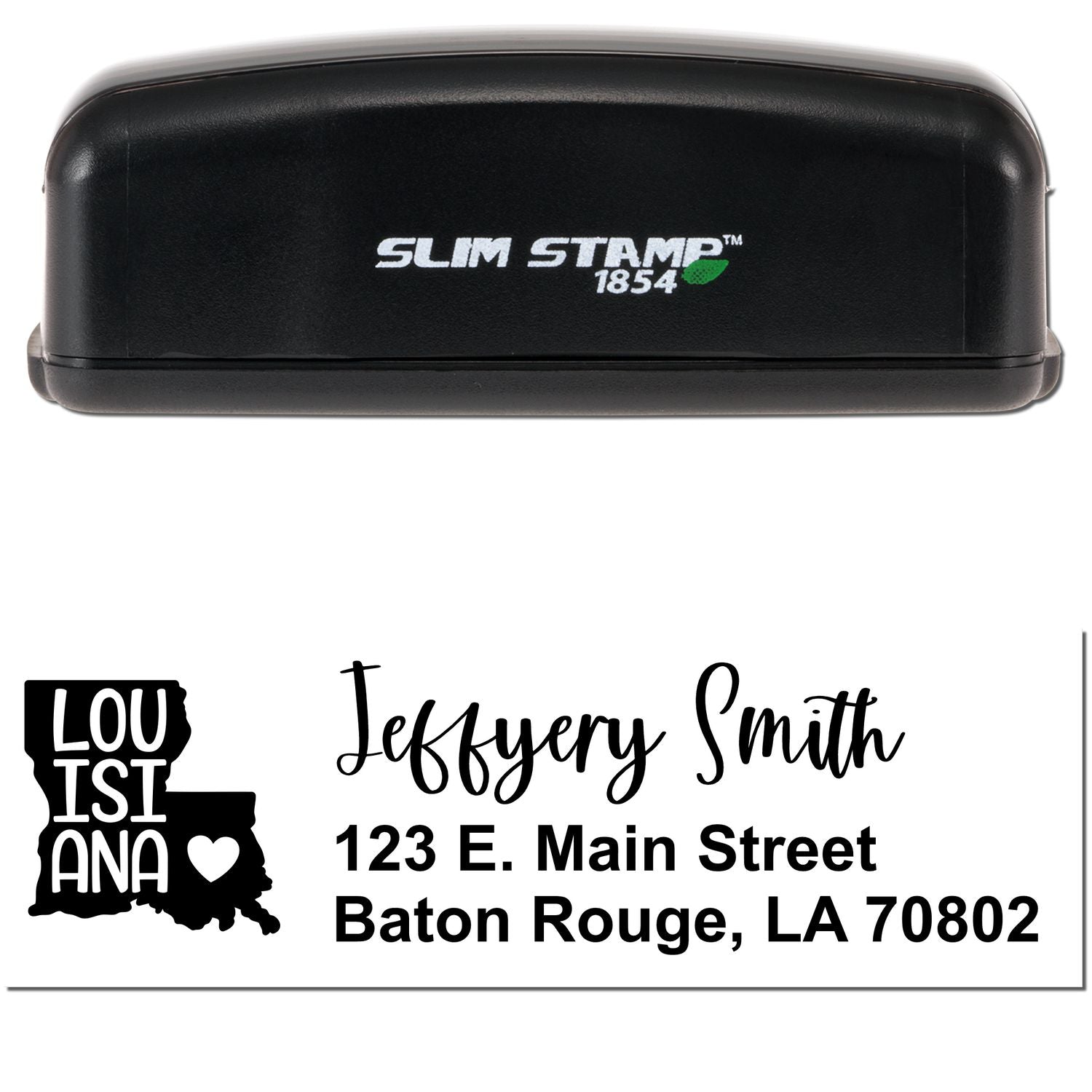 Image of a Slim Louisiana Custom Address Stamp for Envelopes, featuring a black stamp with Slim Stamp 1854 branding and a sample address design with a Louisiana state outline and heart.