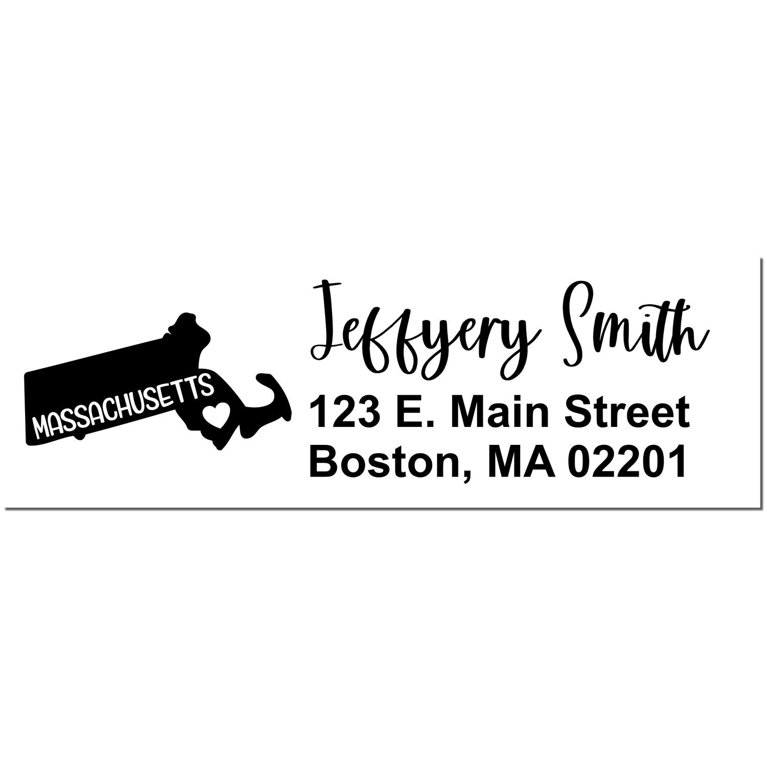 Massachusetts State Love Personalized Address Stamp featuring a silhouette of Massachusetts with a heart, alongside the name Jeffery Smith and an address in Boston, MA in elegant script.