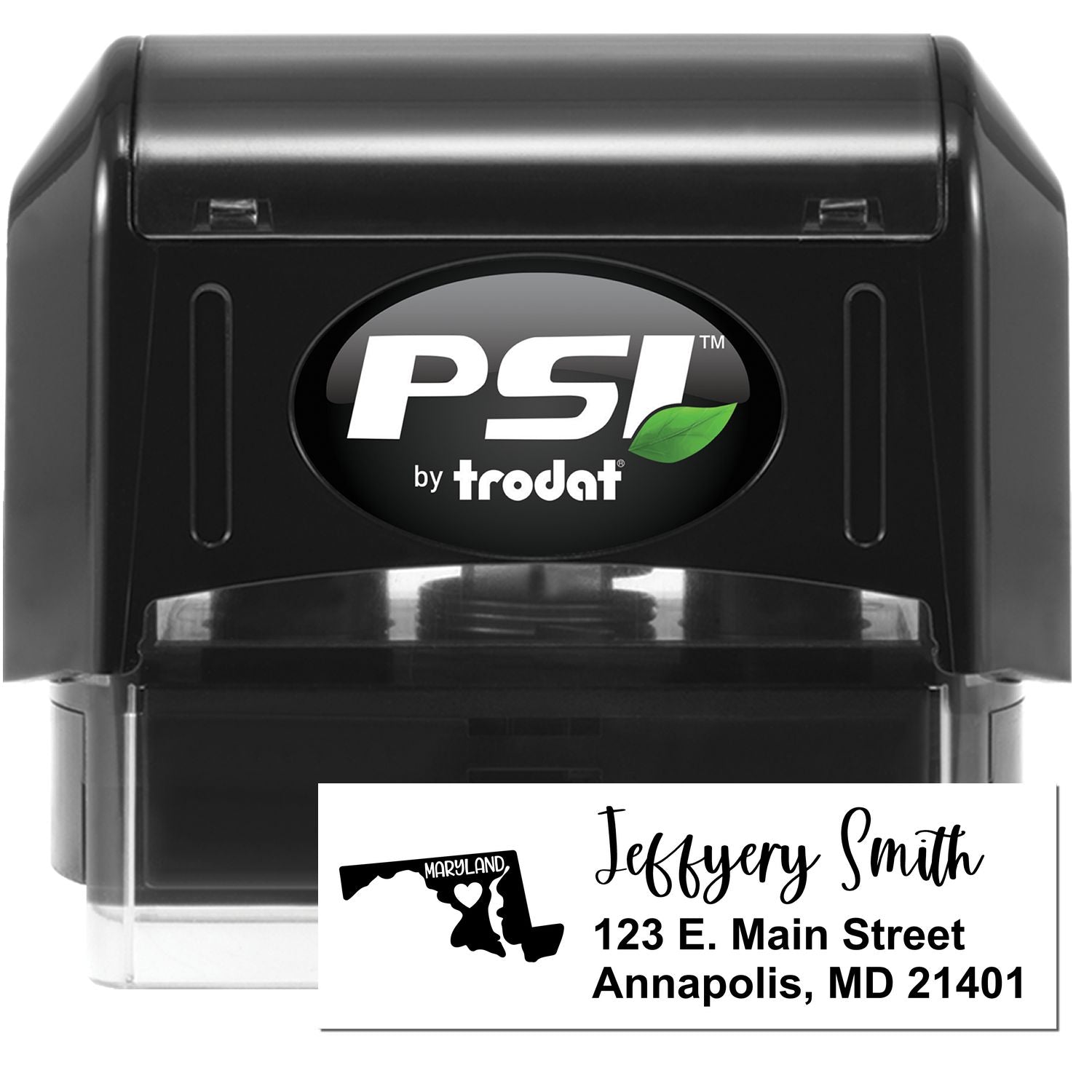 PSI Pre-Inked Maryland State Love Customized Address Stamp with black casing, featuring a Maryland map design and personalized address for Jeffery Smith, Annapolis, MD.