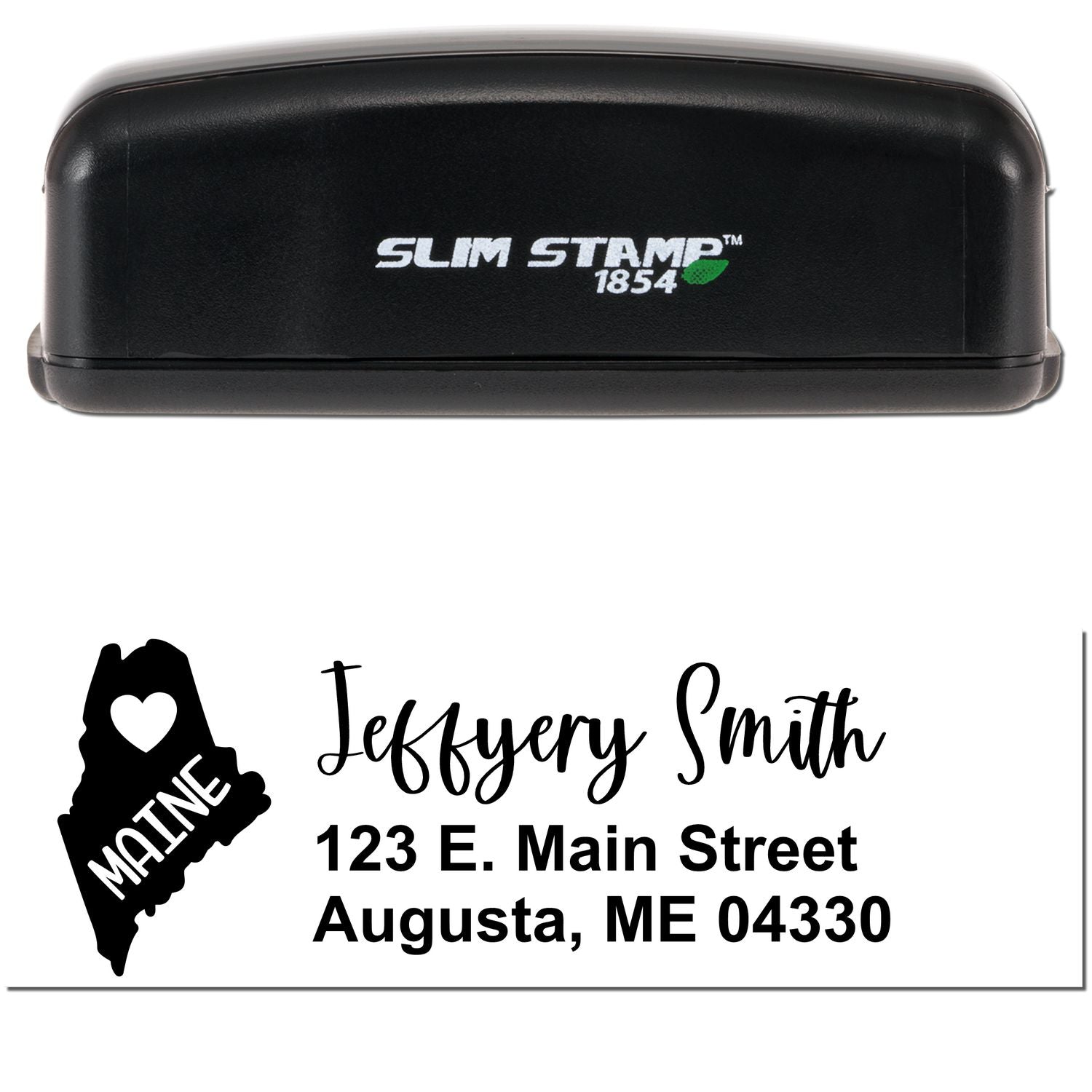 Slim Maine Custom Address Stamp for Envelopes featuring a black stamp with Slim Stamp 1854 logo and a sample address: Jeffery Smith, 123 E. Main Street, Augusta, ME 04330, with a Maine state outline.