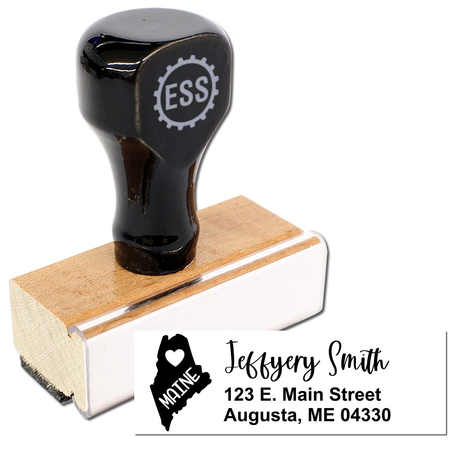 Image of the Maine State Love Personalized Address Stamp with a wooden base and black handle, featuring a sample address: Jeffery Smith, 123 E. Main Street, Augusta, ME 04330, with a Maine state outline.