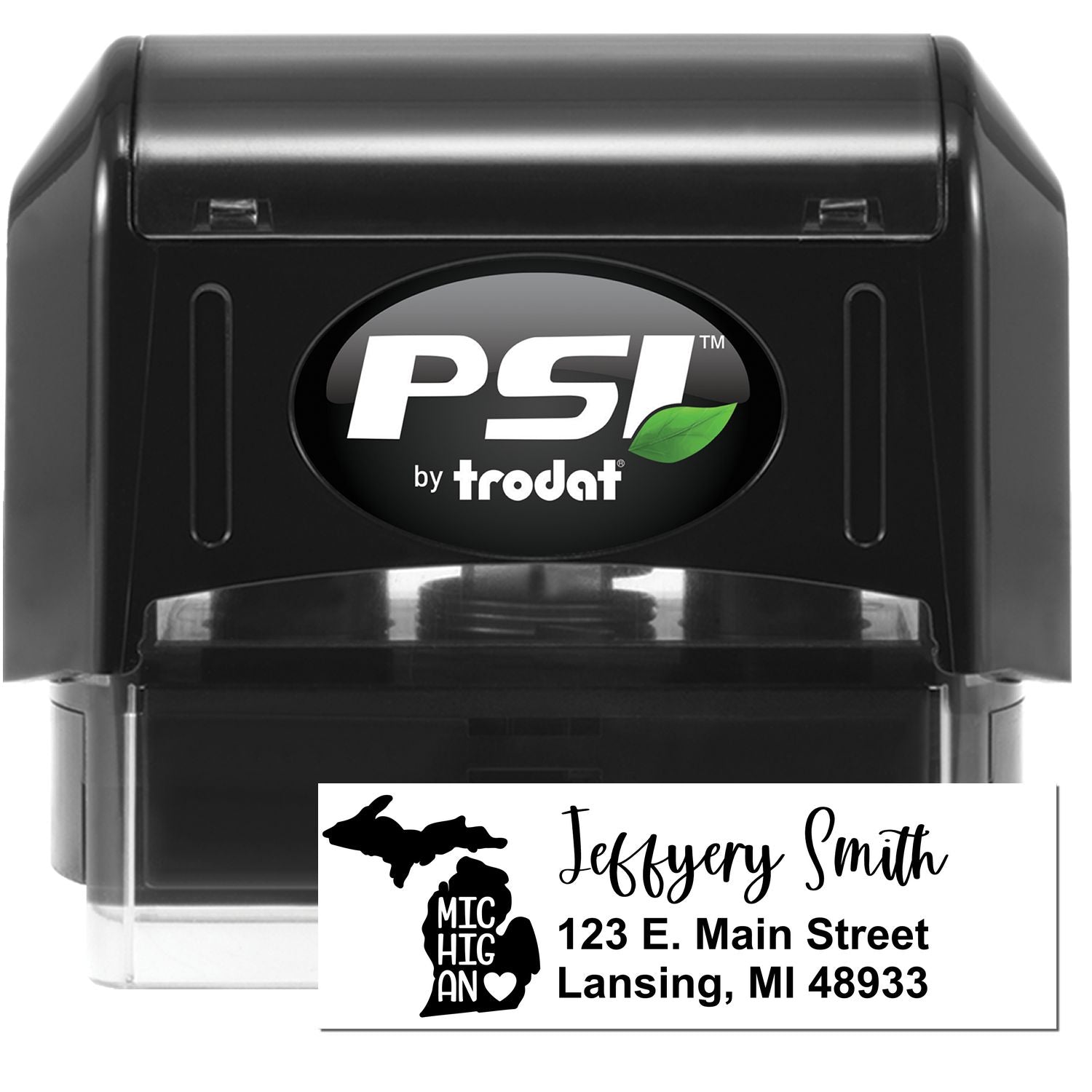 PSI Pre-Inked Michigan State Love Customized Address Stamp featuring a black casing and personalized address with a Michigan state outline and heart design.