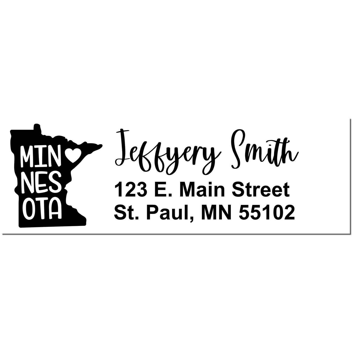 Minnesota State Love Personalized Address Stamp featuring a state outline with a heart, and custom text for name and address in elegant font.