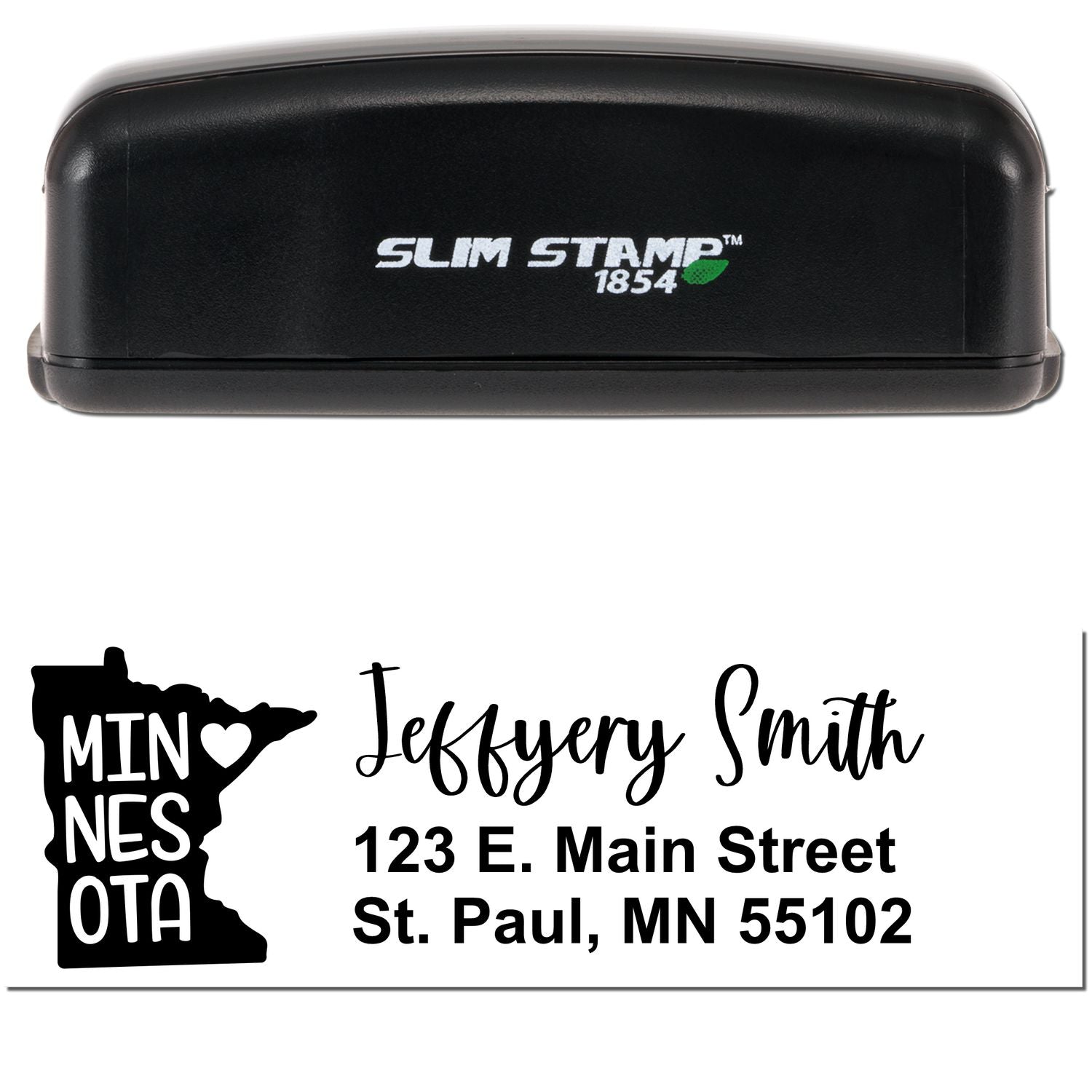 Slim Minnesota Custom Address Stamp for Envelopes, featuring a black casing with Slim Stamp 1854 logo. Includes a sample address with a Minnesota state outline and heart design.