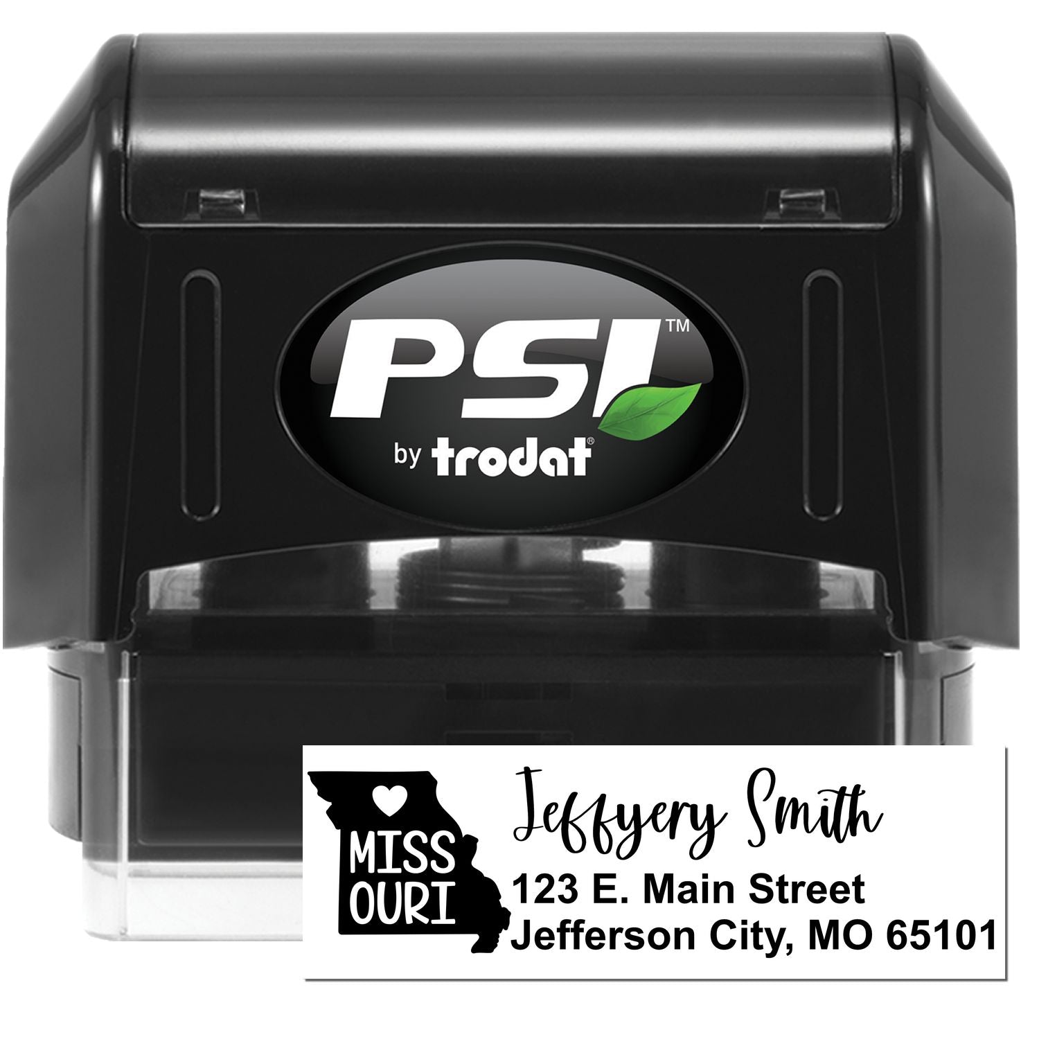 PSI Pre-Inked Missouri State Love Customized Address Stamp featuring a black casing with a sample address: Jeffery Smith, 123 E. Main Street, Jefferson City, MO 65101, and a Missouri state outline.