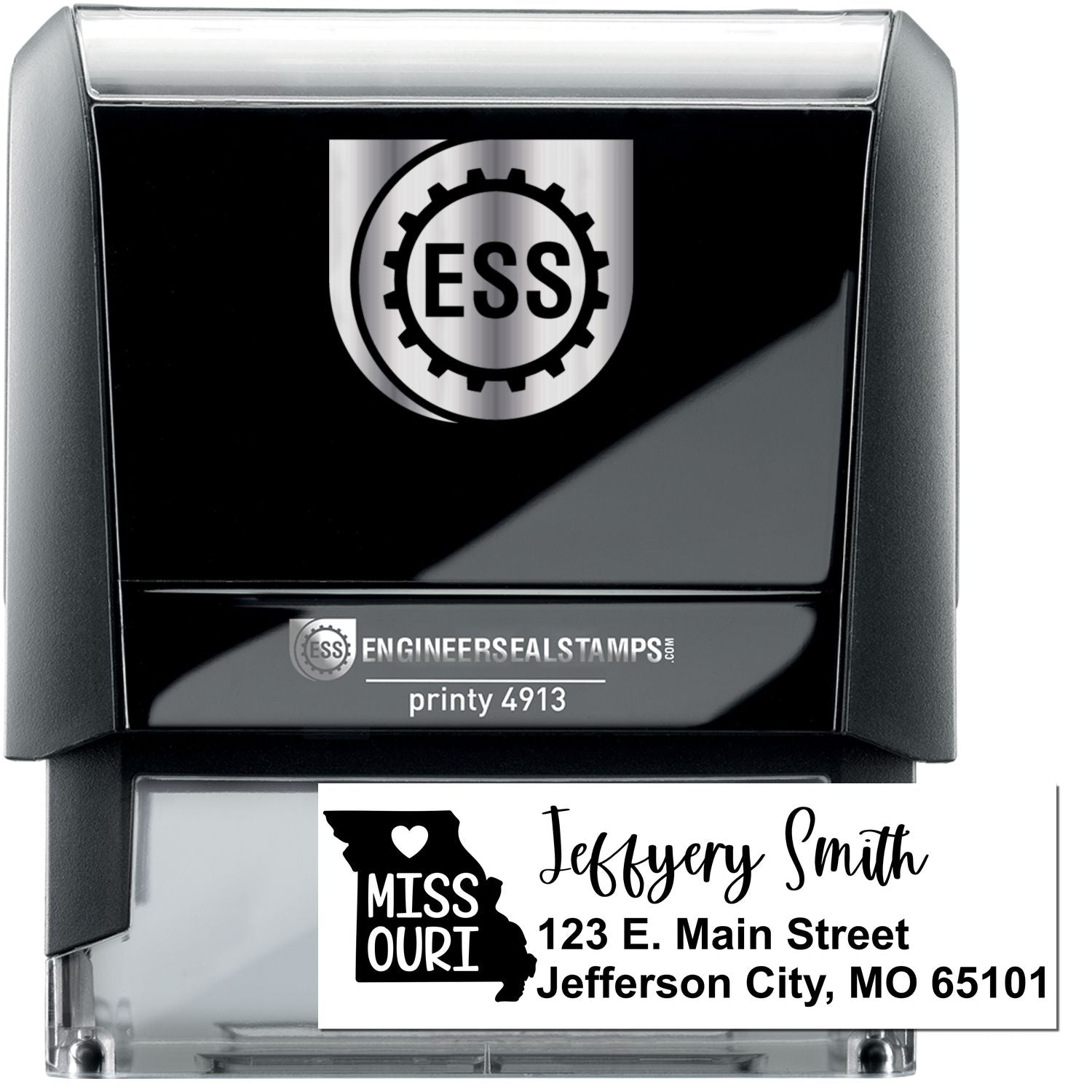 State Love of Missouri Custom Address Stamp Self-Inking, featuring a black casing with ESS logo. Includes personalized address: Jeffery Smith, 123 E. Main Street, Jefferson City, MO 65101.