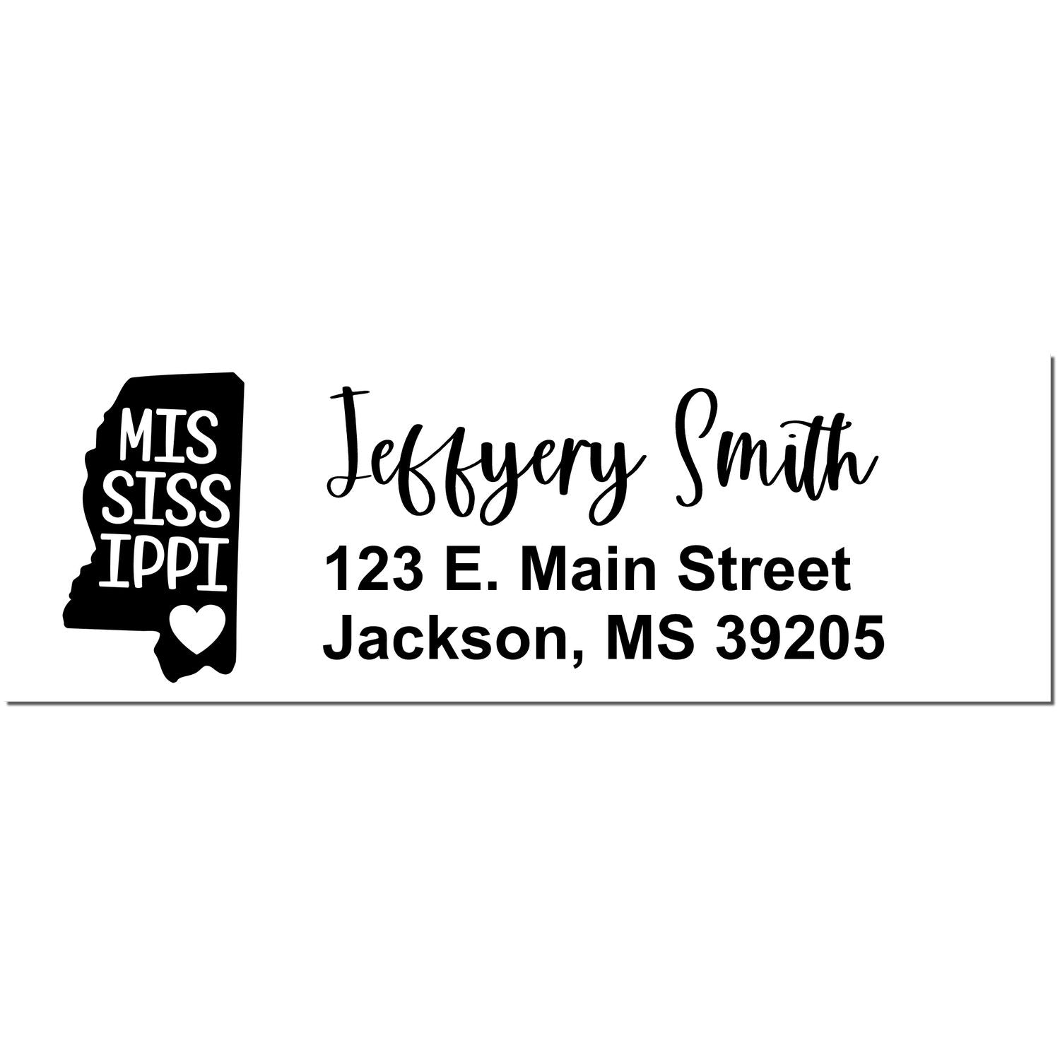 State Love of Mississippi Custom Address Stamp Self-Inking featuring a silhouette of Mississippi with a heart, personalized with name and address in elegant script. Ideal for personalizing mail.