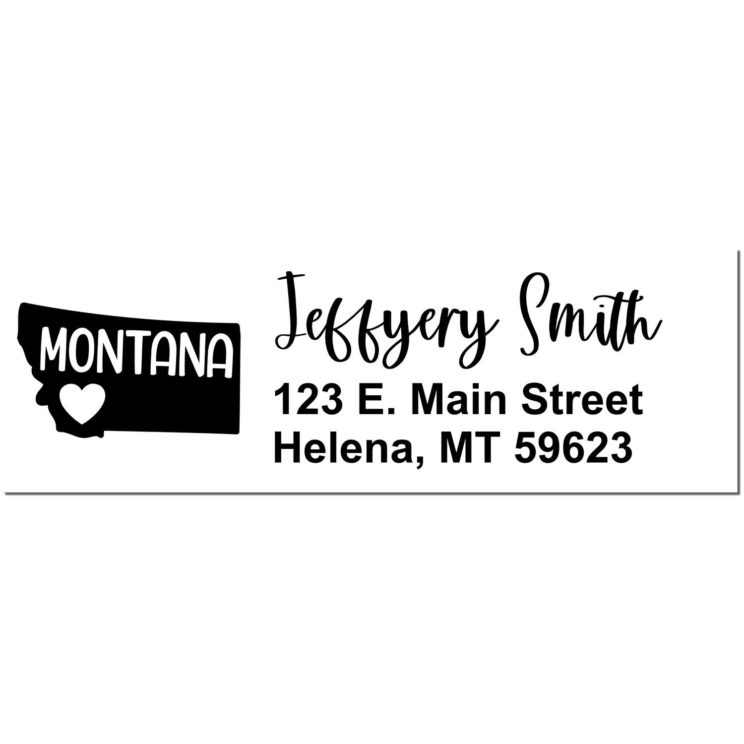 Montana State Love Personalized Address Stamp featuring a silhouette of Montana with a heart, and custom text for name and address in a stylish font. Perfect for adding a personal touch to mail.