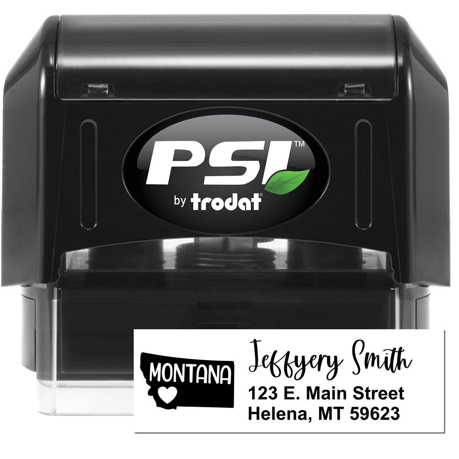 PSI Pre-Inked Montana State Love Customized Address Stamp featuring a black casing with a sample address: Jeffery Smith, 123 E. Main Street, Helena, MT 59623, and a Montana state outline with a heart.