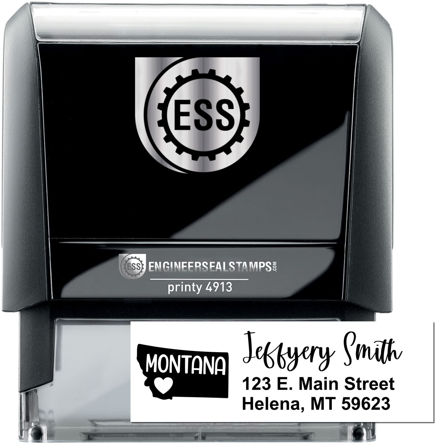 State Love of Montana Custom Address Stamp Self-Inking, featuring a black casing with ESS logo, and a sample address: Jeffery Smith, 123 E. Main Street, Helena, MT 59623, with a Montana state outline.