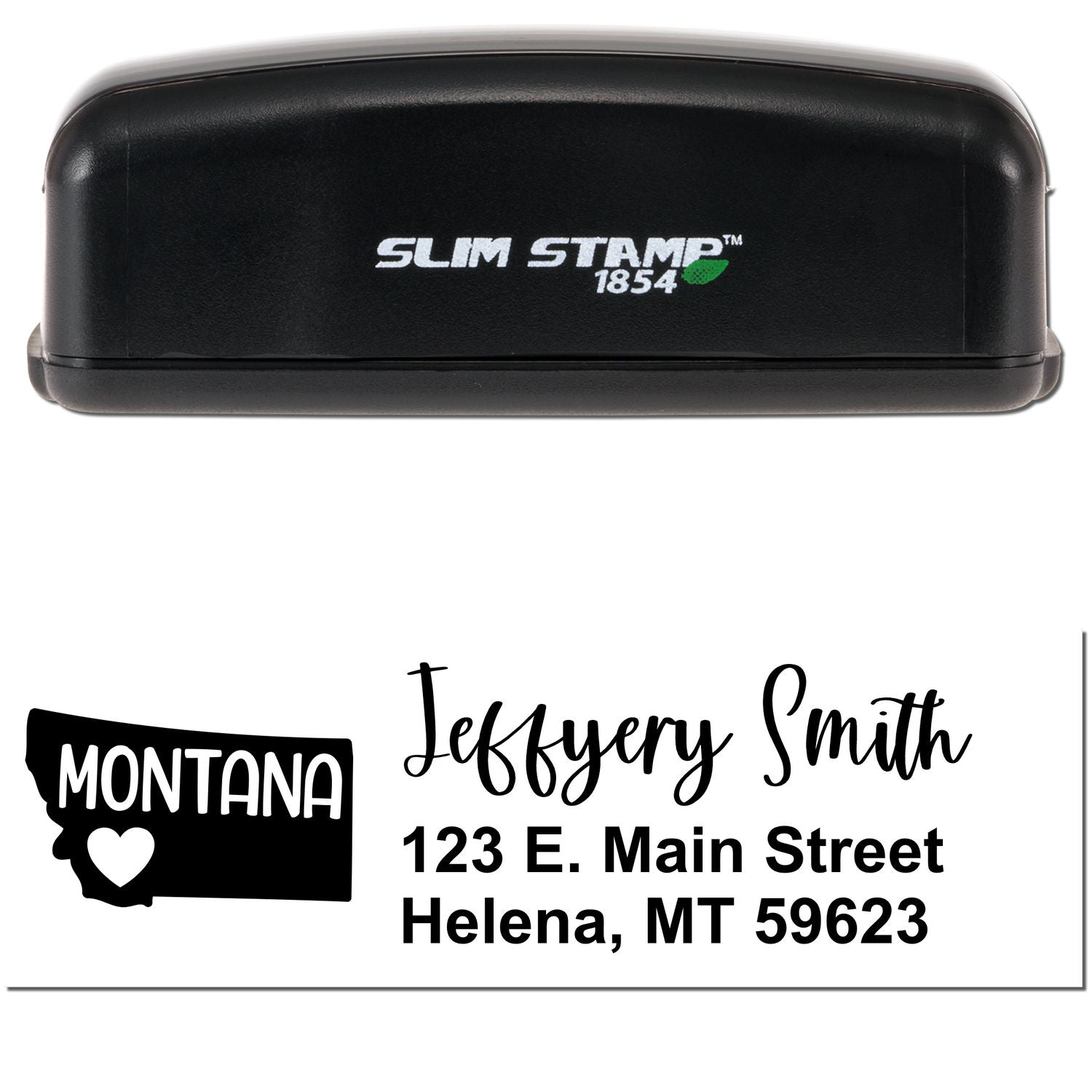 Image of a Slim Montana Custom Address Stamp for Envelopes, featuring a black casing and a sample address with a Montana state outline.