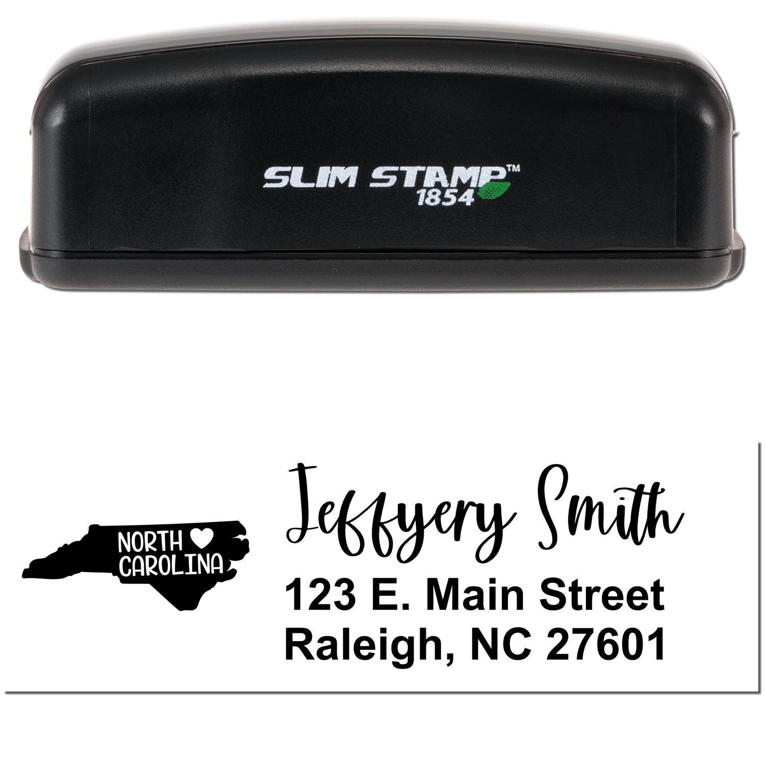 Slim North Carolina Custom Address Stamp for Envelopes, featuring a sleek black design with Slim Stamp 1854 branding, and a sample address with a North Carolina state outline and heart.