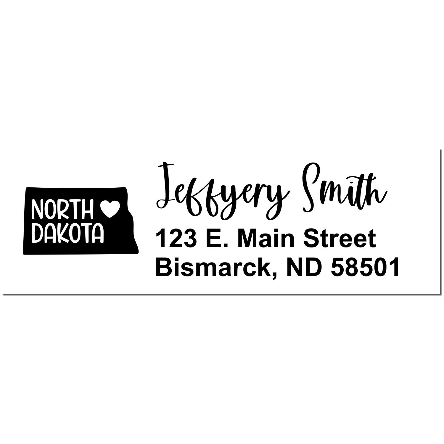 Slim North Dakota Custom Address Stamp for Envelopes featuring a heart design, personalized with 'Jeffery Smith, 123 E. Main Street, Bismarck, ND 58501' in black text.