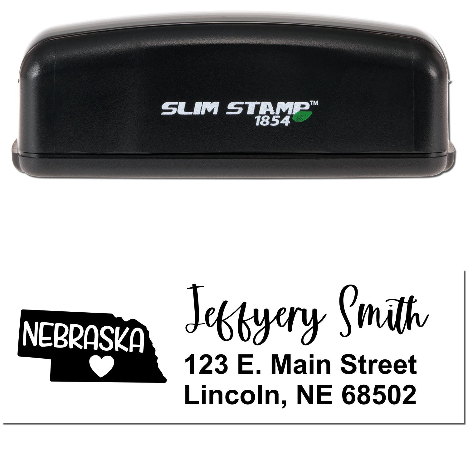 Slim Nebraska Custom Address Stamp for Envelopes, featuring a sleek black design with Nebraska and a heart icon. Personalizes envelopes with a custom name and address in stylish font.