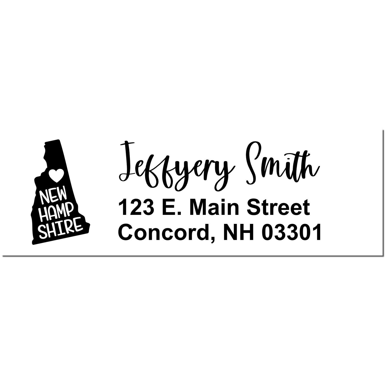 Slim New Hampshire Custom Address Stamp for Envelopes featuring a heart and state outline, personalized with Jeffery Smith, 123 E. Main Street, Concord, NH 03301 in stylish black font.