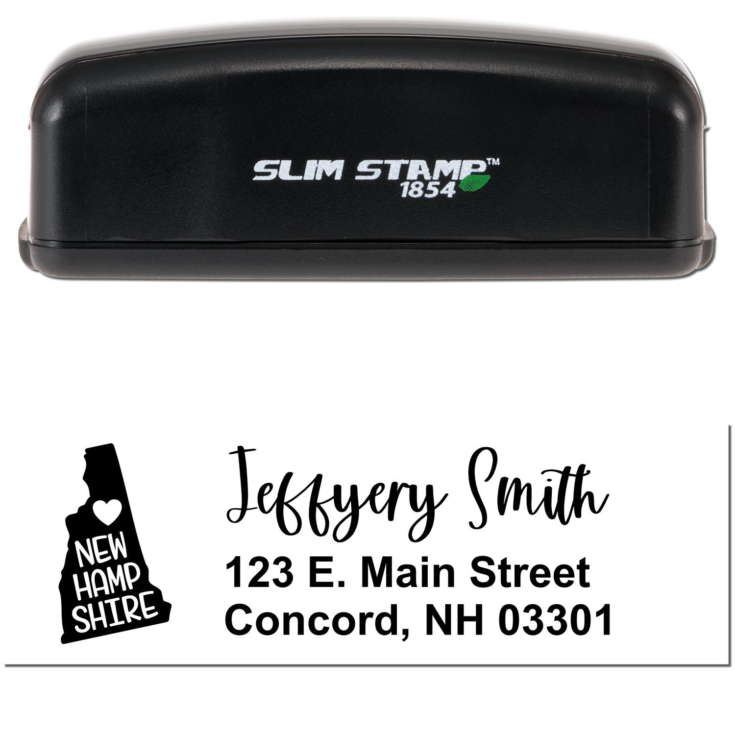 Image of a Slim New Hampshire Custom Address Stamp for Envelopes, featuring a black casing and a sample imprint with a heart-shaped New Hampshire graphic and address details.