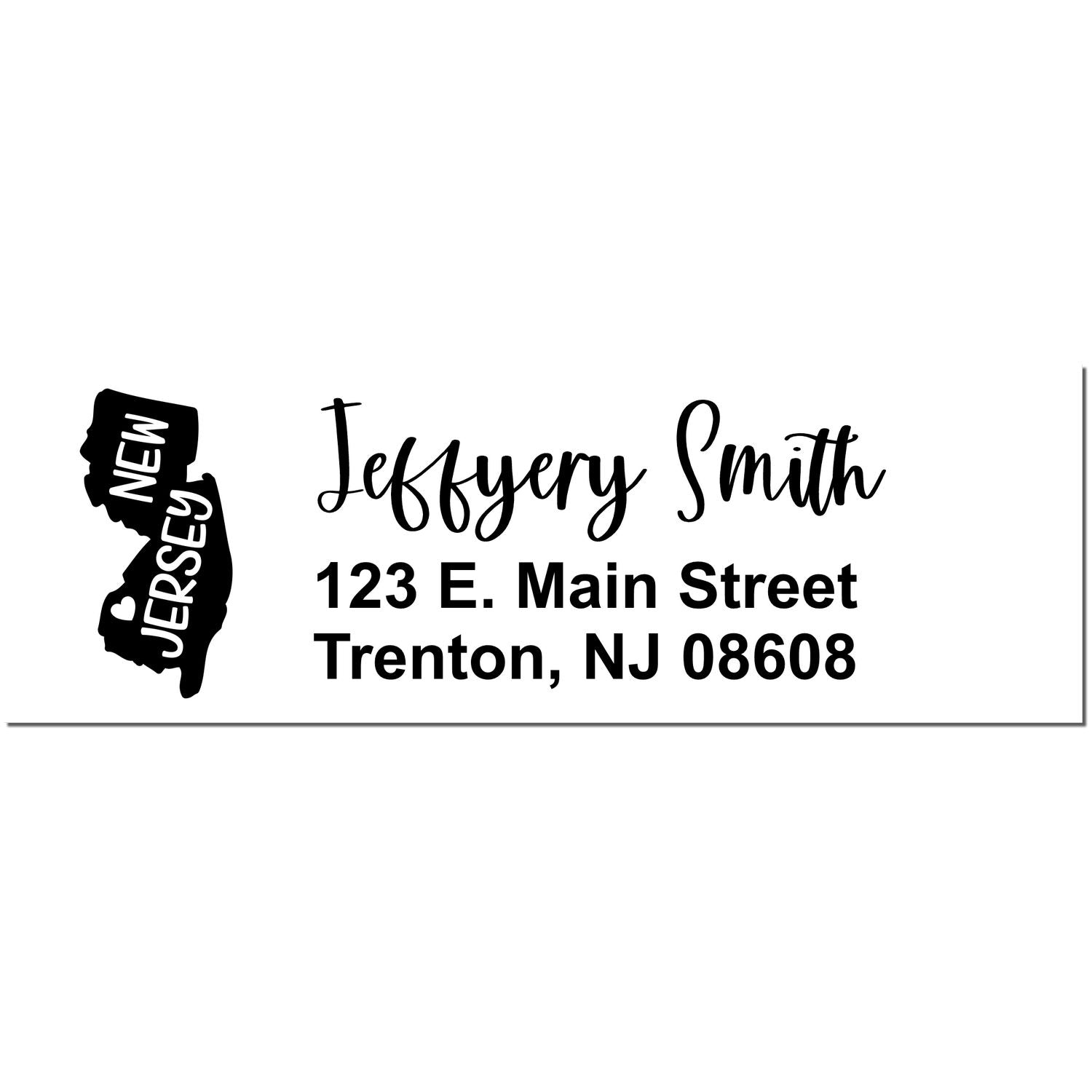 Slim New Jersey Custom Address Stamp for Envelopes featuring a New Jersey state outline, personalized with Jeffery Smith, 123 E. Main Street, Trenton, NJ 08608 in elegant black font.