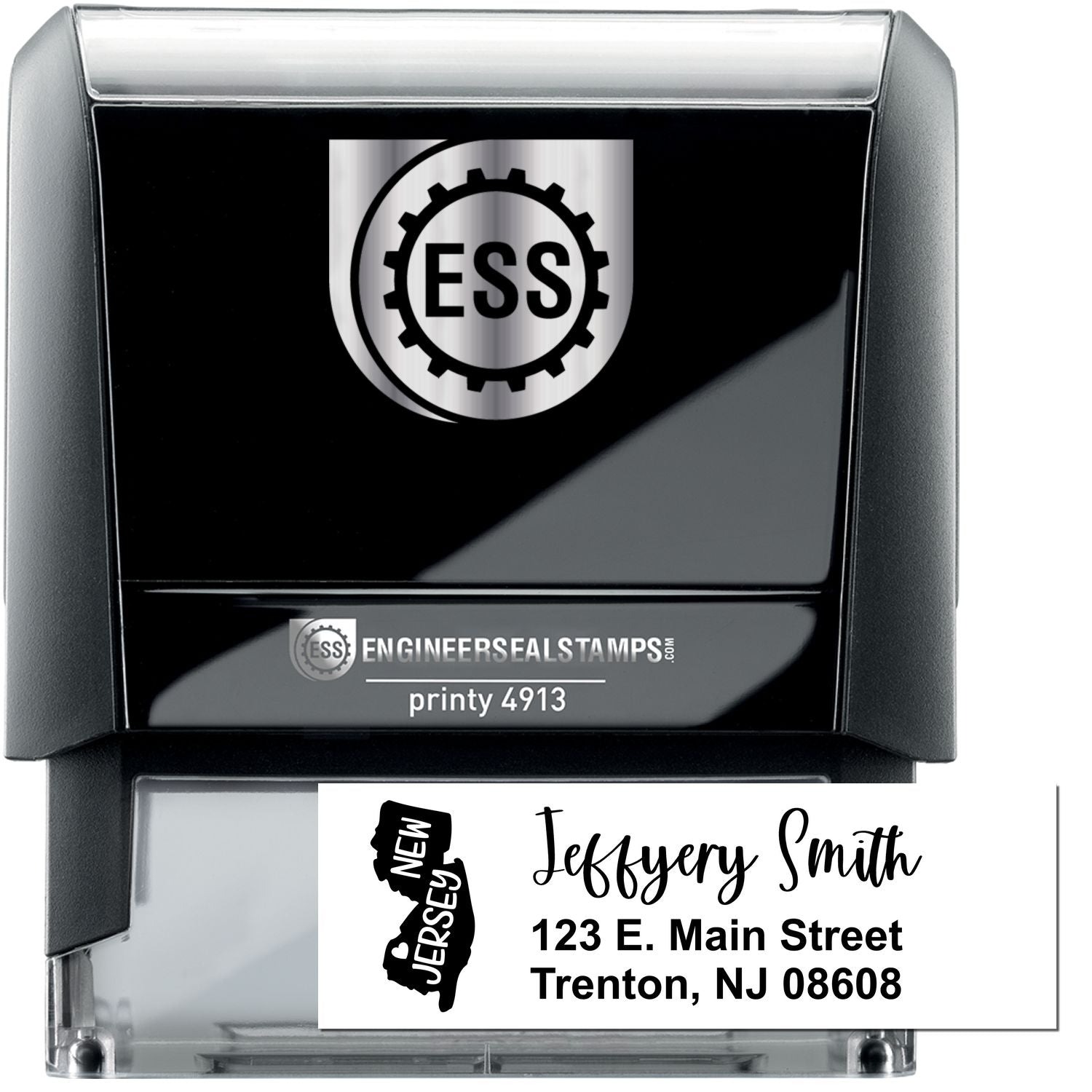 State Love of New Jersey Custom Address Stamp Self-Inking, featuring a black casing with ESS logo, and a sample address: Jeffery Smith, 123 E. Main Street, Trenton, NJ 08608.