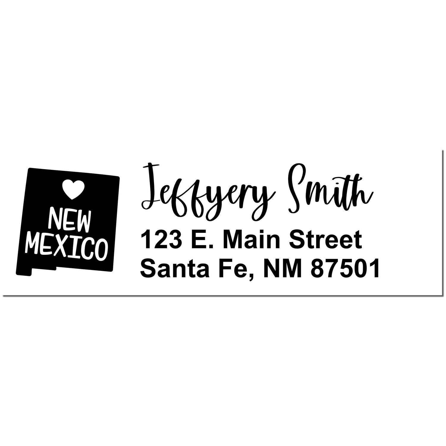 State Love of New Mexico Custom Address Stamp Self-Inking featuring a heart and state outline, personalized with Jeffery Smith, 123 E. Main Street, Santa Fe, NM 87501 in stylish font.