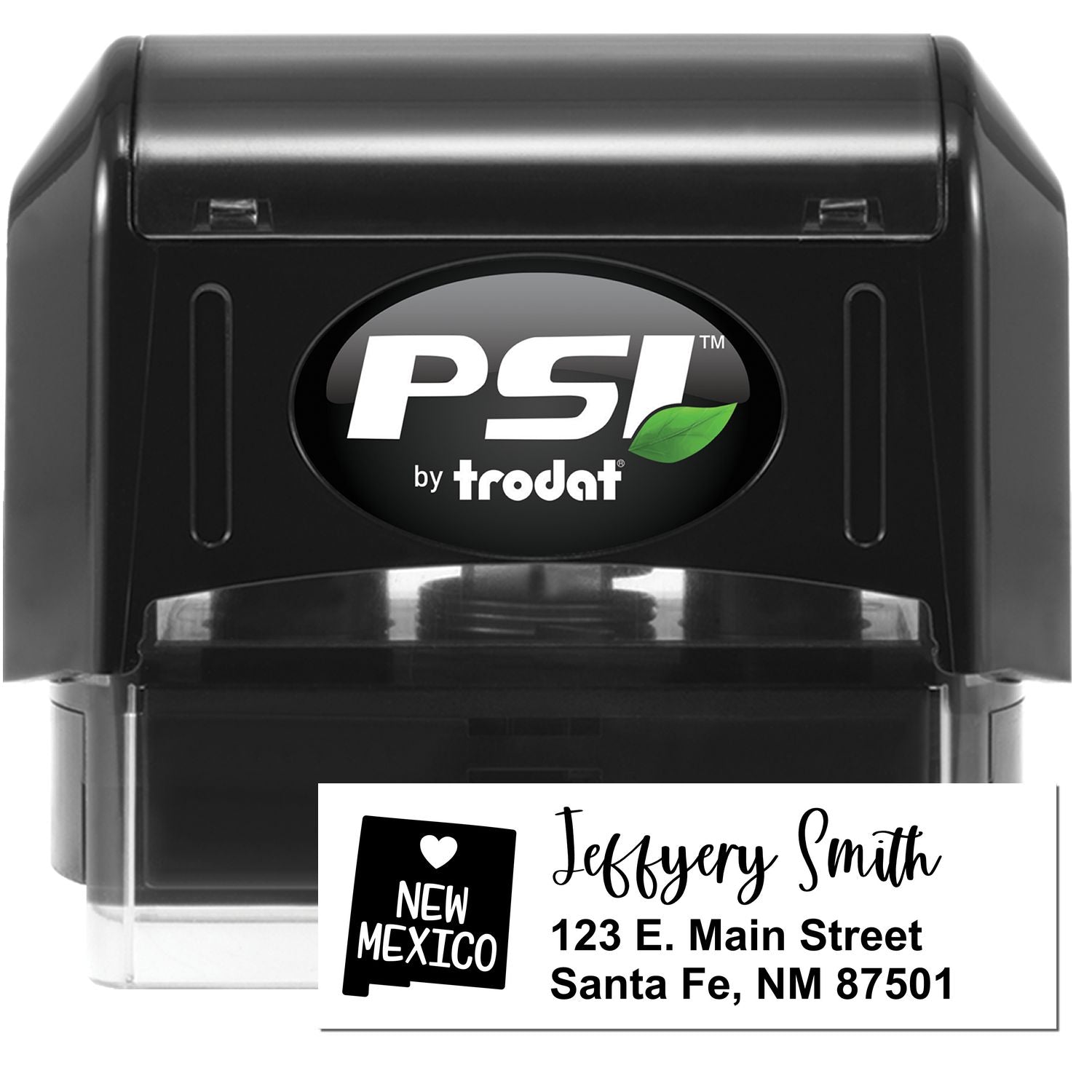 PSI Pre-Inked New Mexico State Love Customized Address Stamp, featuring a black casing with a sample address label showing a heart and New Mexico design. Ideal for personalized mailings.