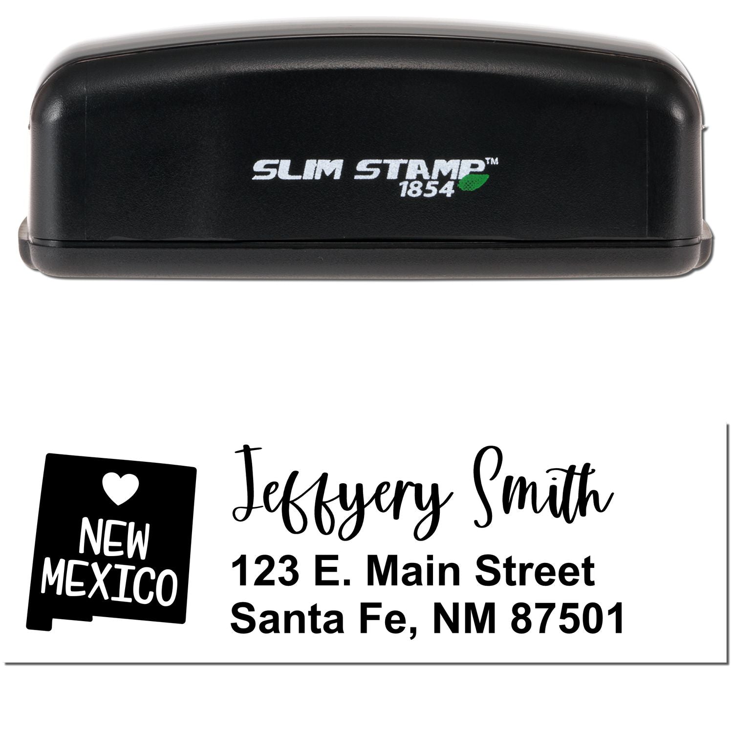 Image of a Slim New Mexico Custom Address Stamp for Envelopes, featuring a black stamp with Slim Stamp 1854 and a sample address: Jeffery Smith, 123 E. Main Street, Santa Fe, NM 87501.