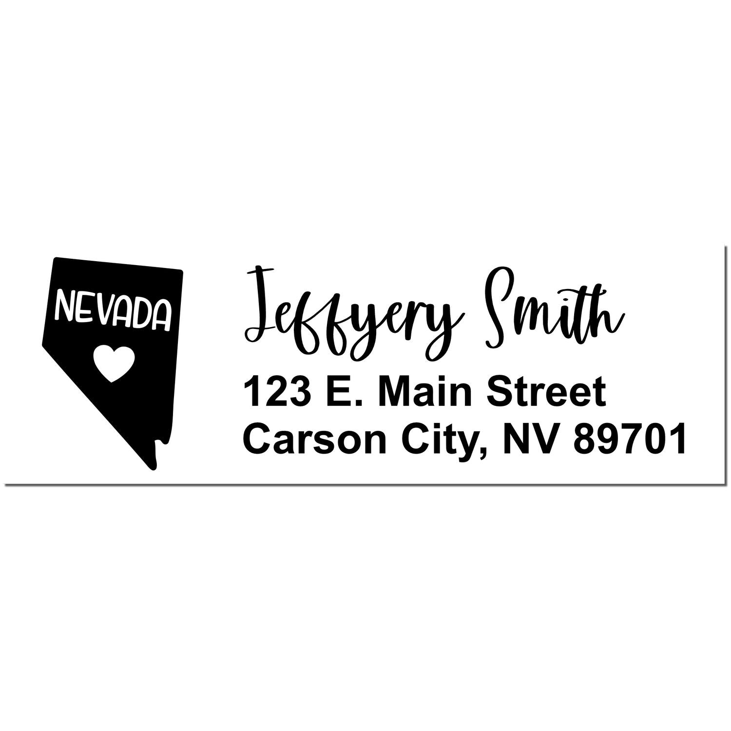 Nevada State Love Personalized Address Stamp featuring a Nevada map with a heart, and customizable text for name and address in elegant font.