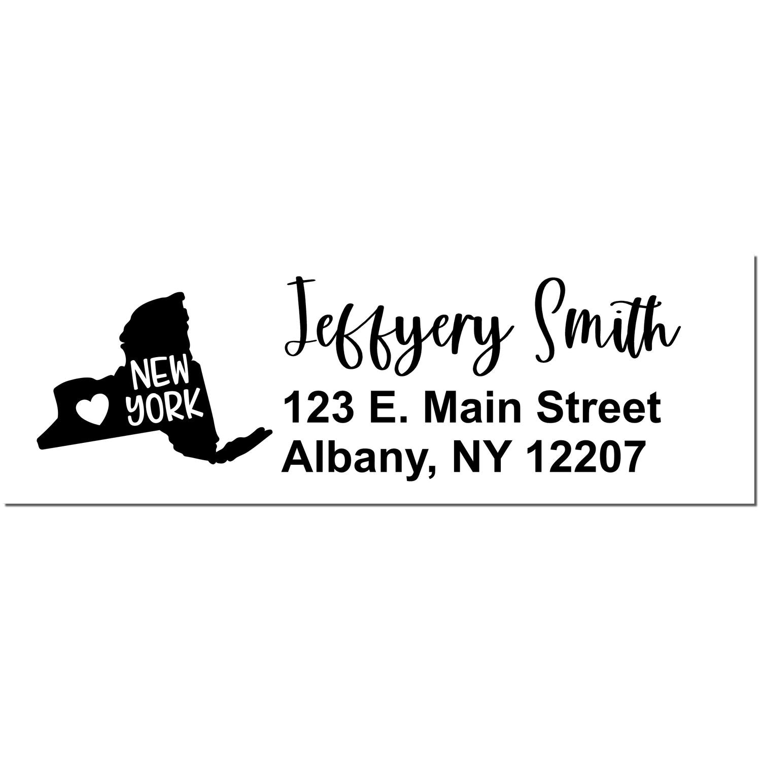 New York State Love Personalized Address Stamp featuring a silhouette of New York with a heart, and custom text for name and address in elegant script.