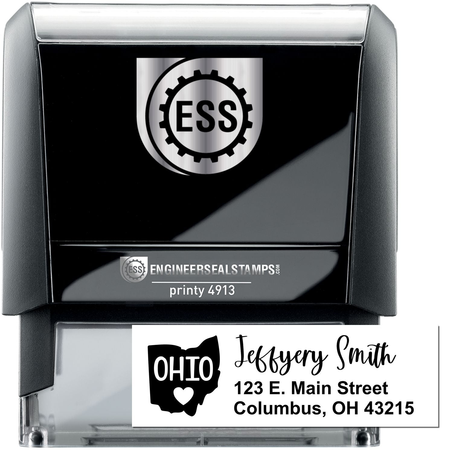 State Love of Ohio Custom Address Stamp Self-Inking, featuring a black casing with ESS logo, and a sample address: Jeffery Smith, 123 E. Main Street, Columbus, OH 43215, with Ohio state outline.