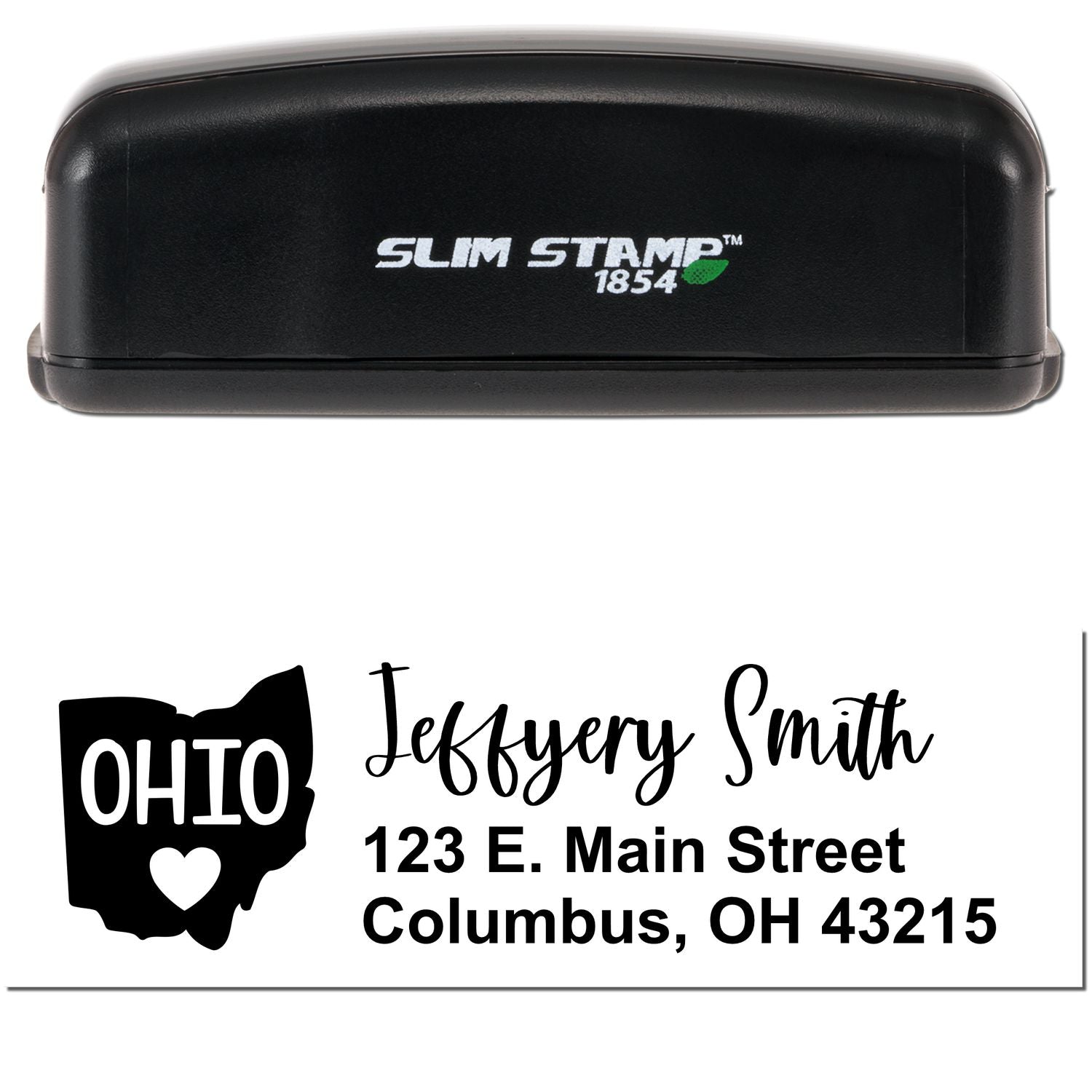 Slim Ohio Custom Address Stamp for Envelopes, featuring a sleek black design with Slim Stamp 1854 branding. Includes a sample address with Ohio state outline and heart graphic.