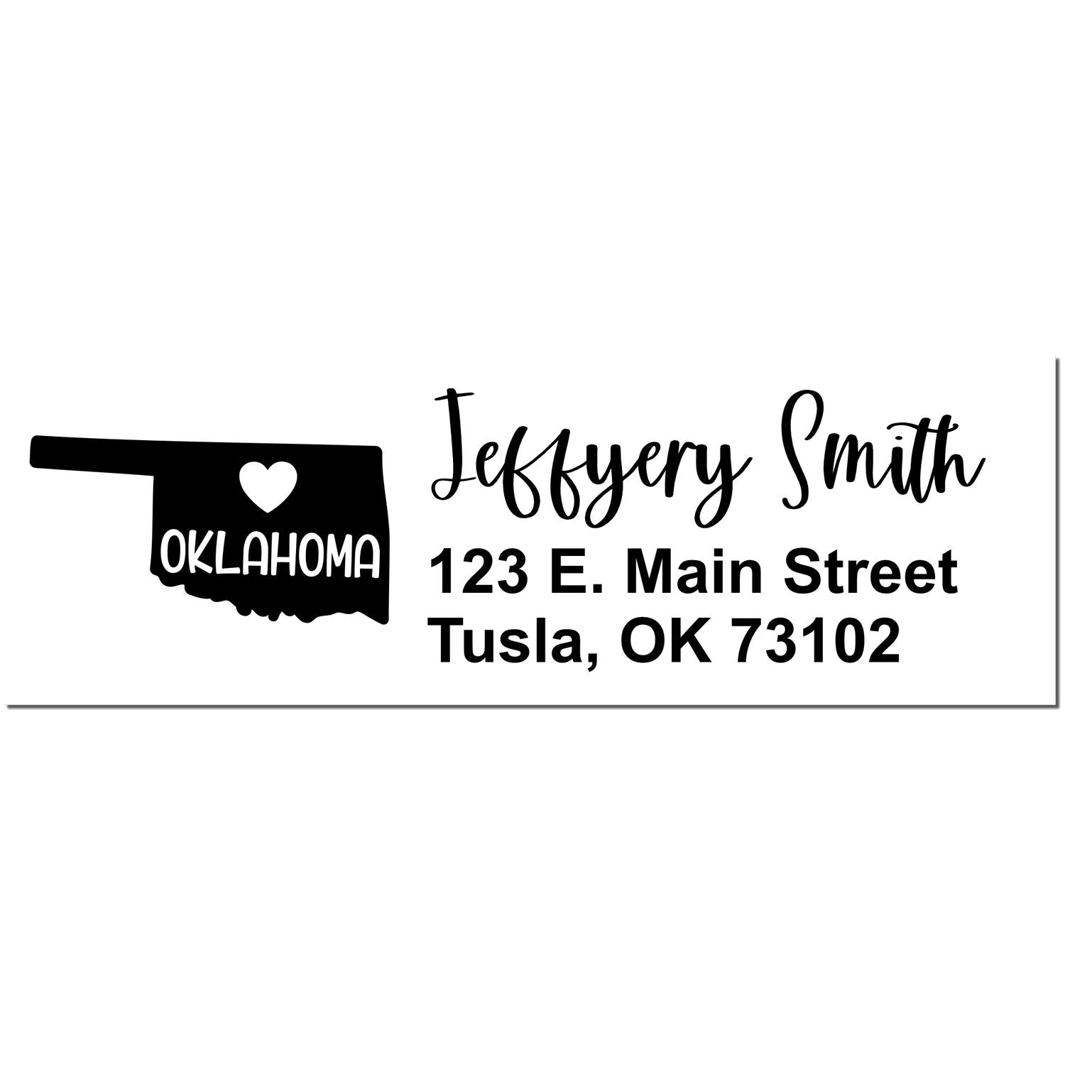 Oklahoma State Love Personalized Address Stamp featuring a heart design, state outline, and customizable name and address in elegant script. Perfect for adding a personal touch to mail.