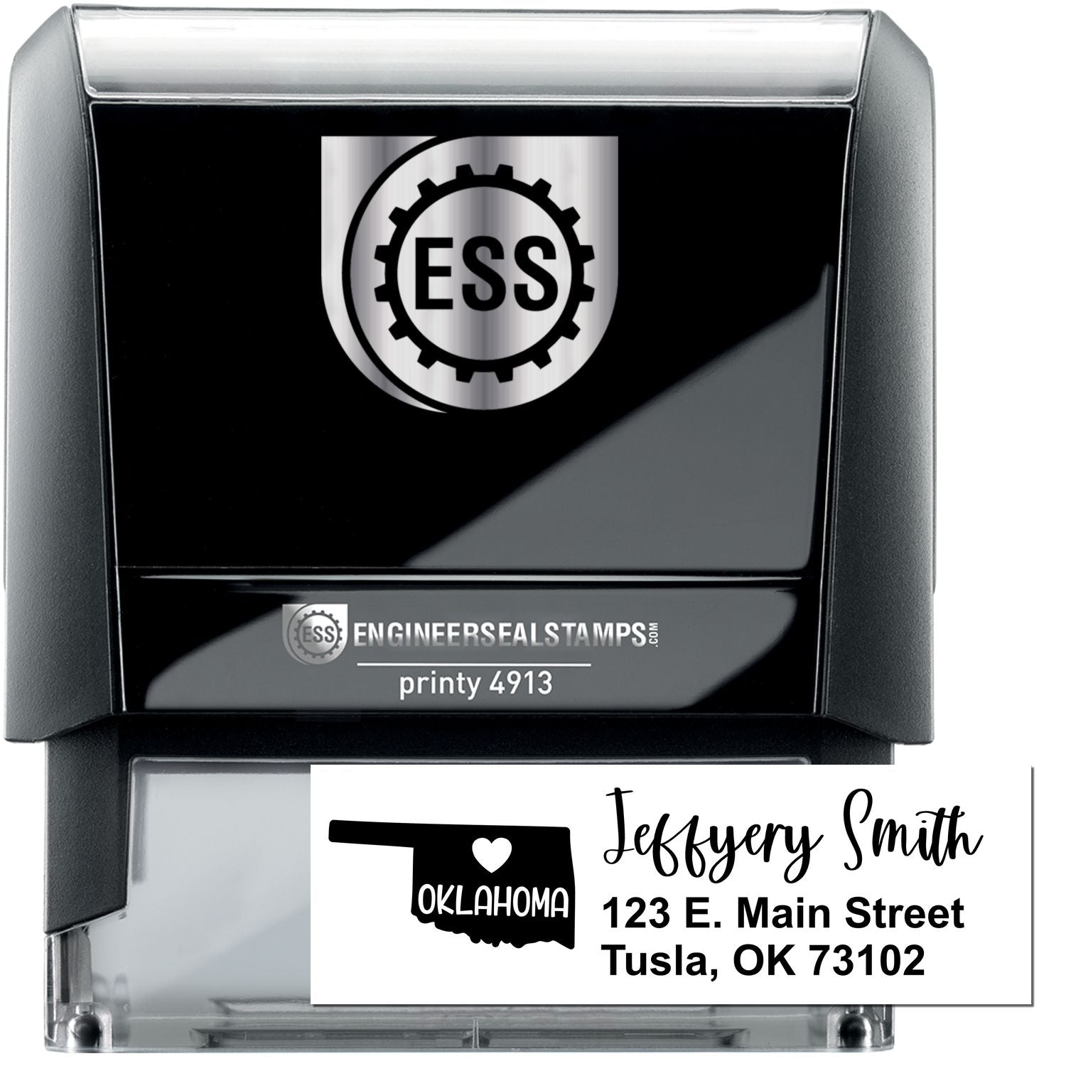 State Love of Oklahoma Custom Address Stamp Self-Inking, featuring a black casing with ESS logo, and a sample address: Jeffery Smith, 123 E. Main Street, Tulsa, OK 73102, with Oklahoma state outline.