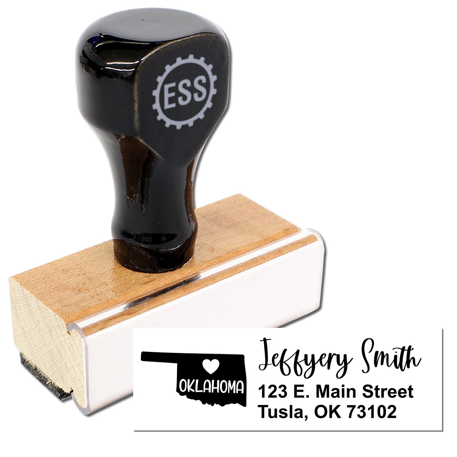 Oklahoma State Love Personalized Address Stamp with a wooden handle and black top. Features a customizable address design with a heart over Oklahoma state outline.