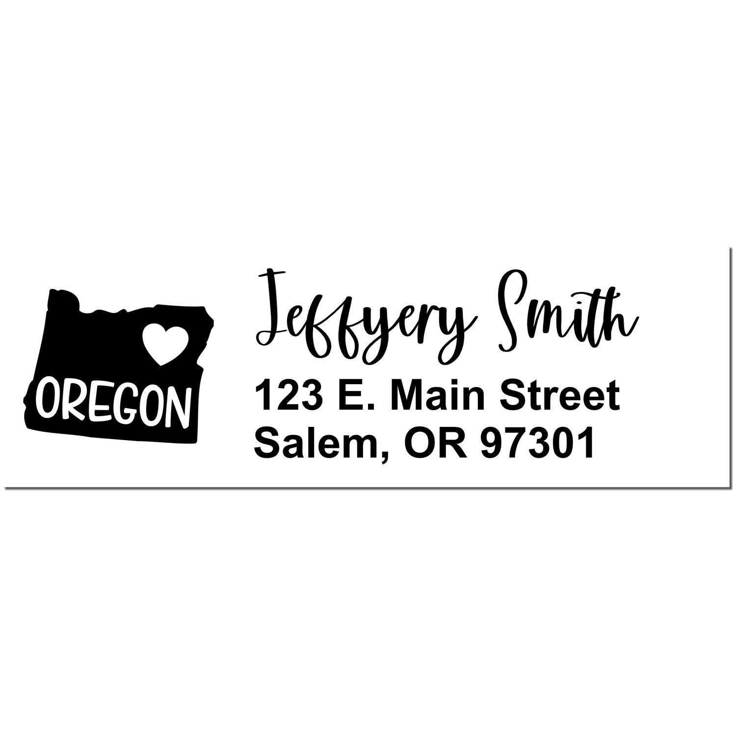 PSI Pre-Inked Oregon State Love Customized Address Stamp featuring a black Oregon state outline with a heart, personalized with the name Jeffery Smith and address in Salem, OR.