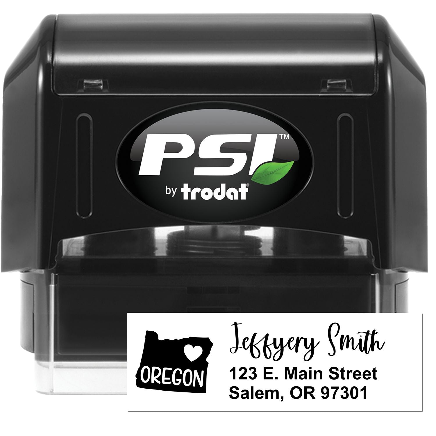 PSI Pre-Inked Oregon State Love Customized Address Stamp featuring a black casing with a sample address imprint showing a heart and Oregon state outline. Perfect for personalized mailings.