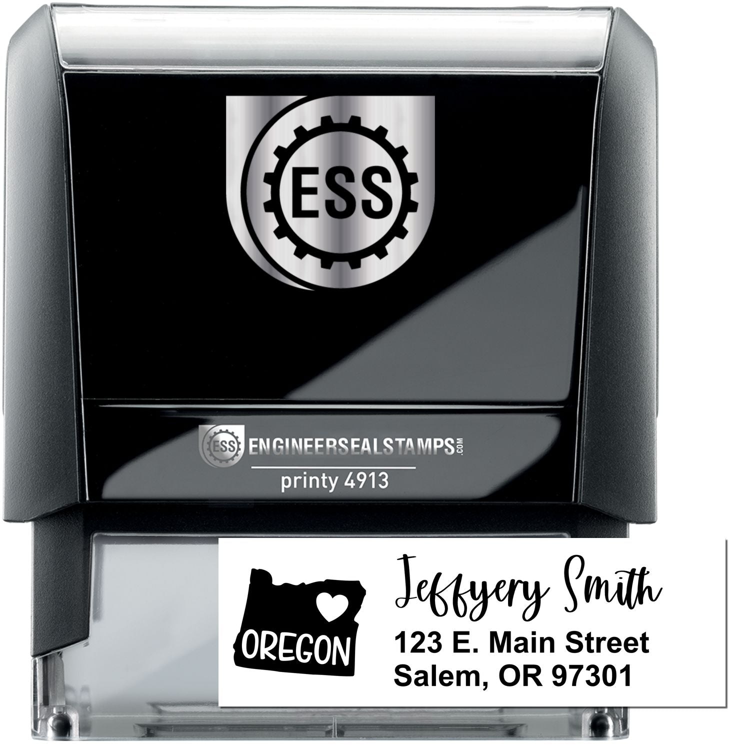 State Love of Oregon Custom Address Stamp Self-Inking, featuring a black casing with ESS logo, and a sample address: Jeffery Smith, 123 E. Main Street, Salem, OR 97301, with an Oregon state outline.