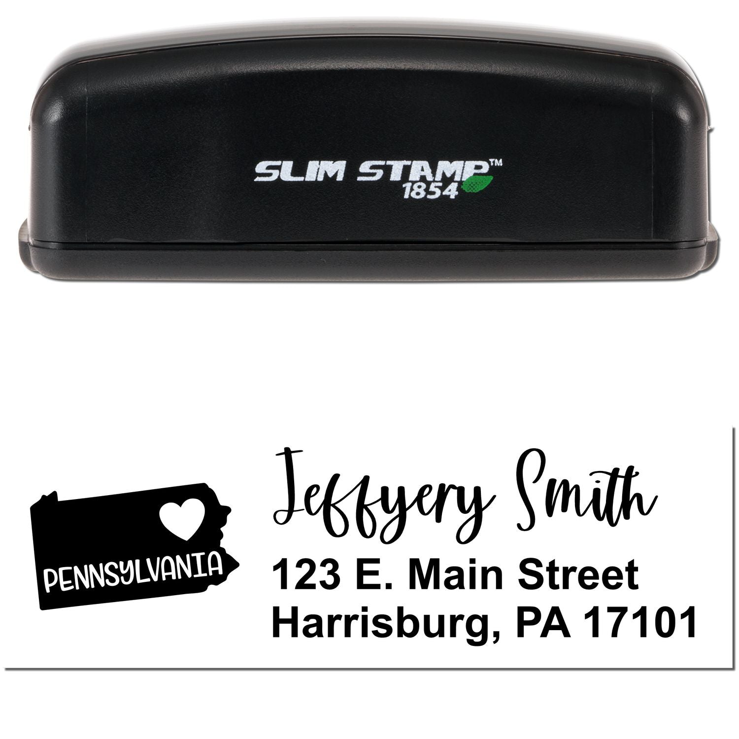 Black Slim Pennsylvania Custom Address Stamp for Envelopes, featuring a sleek design with Slim Stamp 1854 branding. Includes a sample address with a Pennsylvania state outline and heart icon.